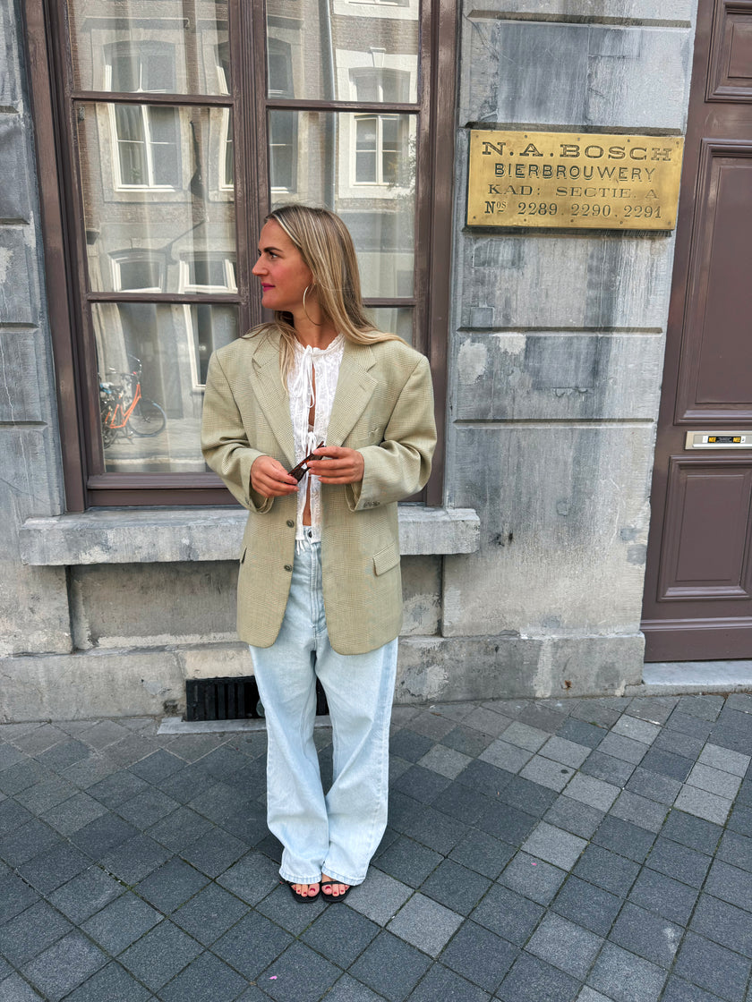 Light Grey Beige Checked Blazer