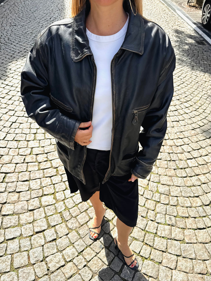 Black Leather Oversized Vintage Jacket