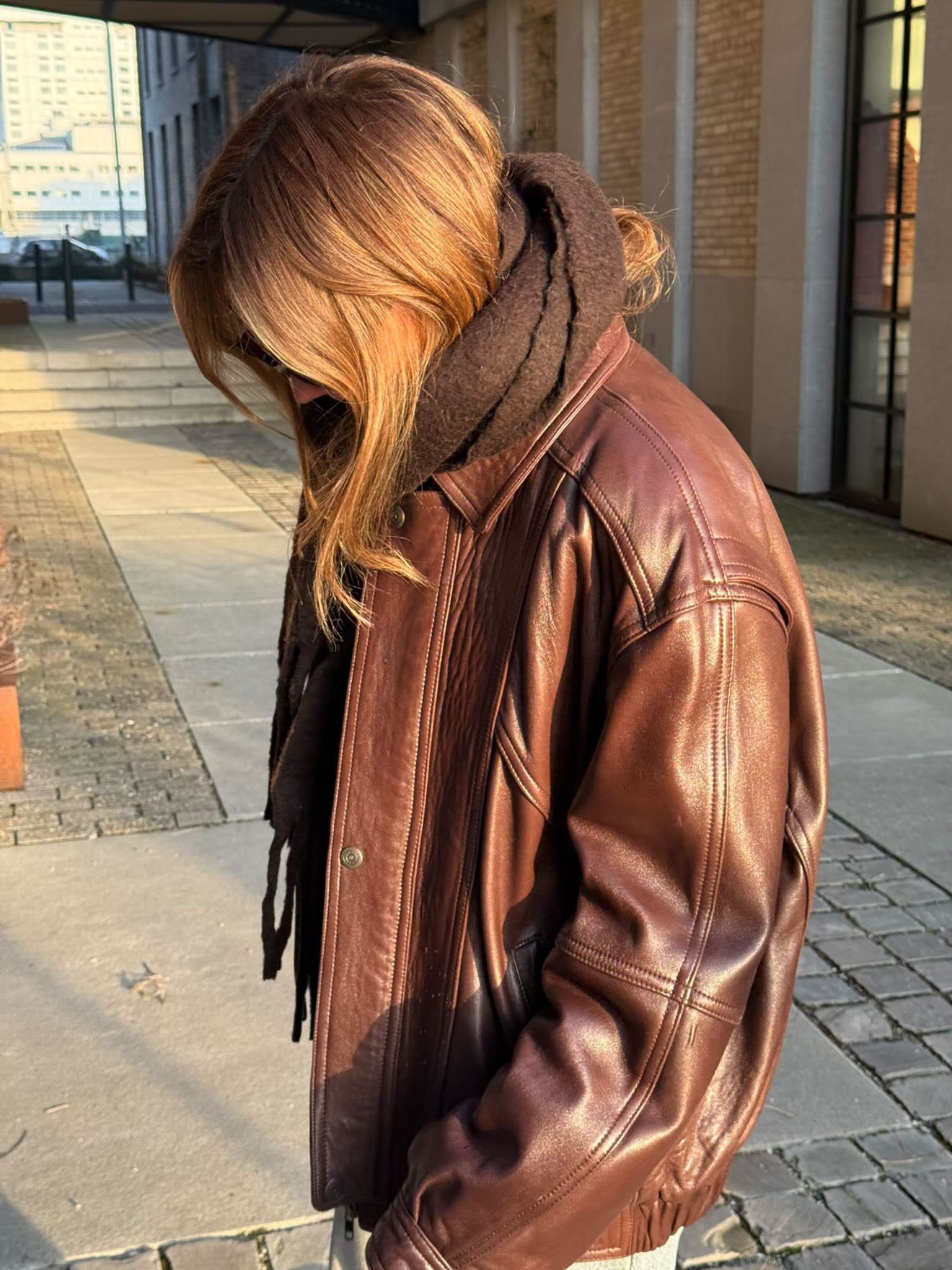90s Vintage Oversized Brown Leather Bomber Jacket