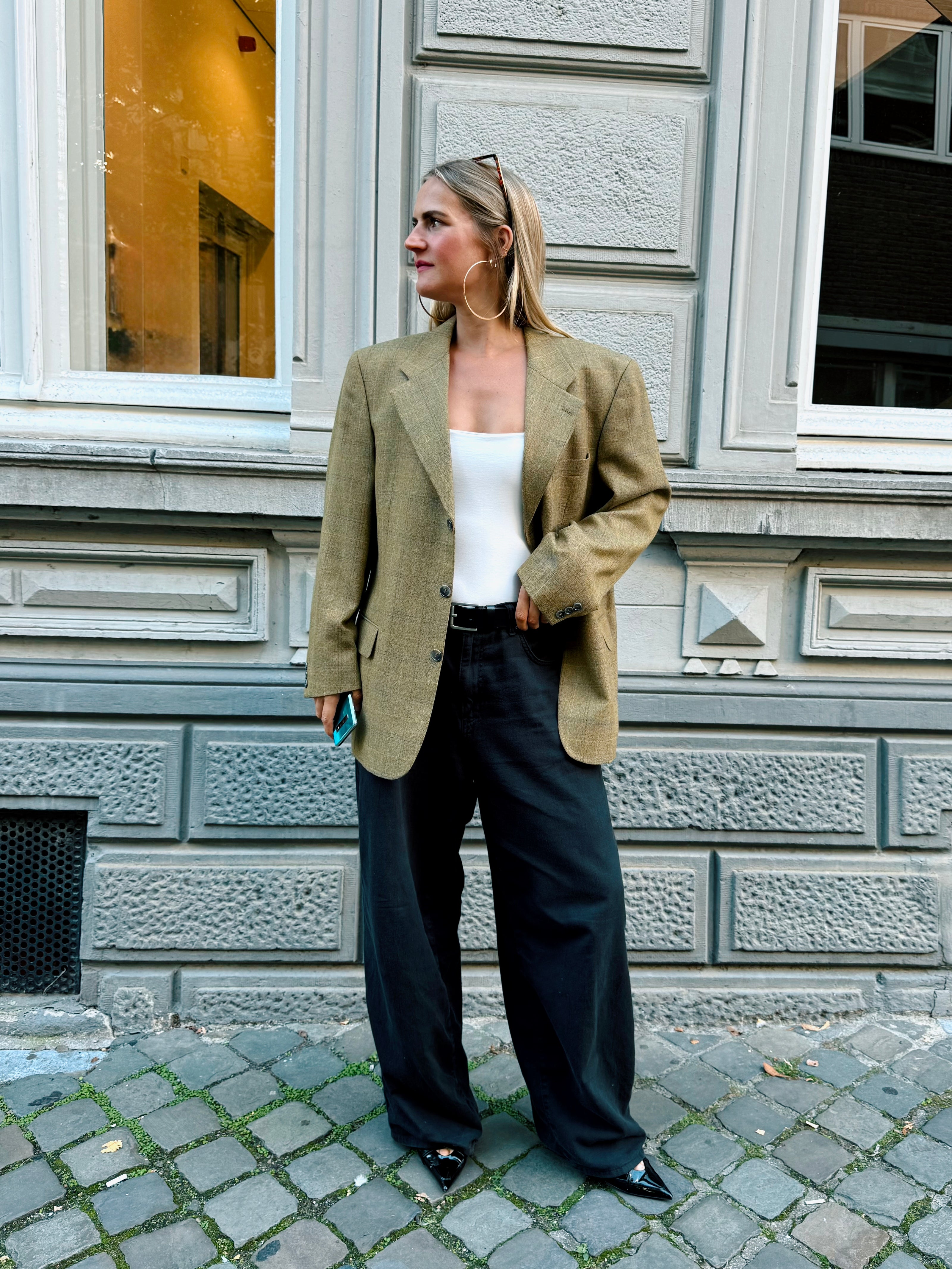 Dark Khaki Green Checked Oversized Blazer