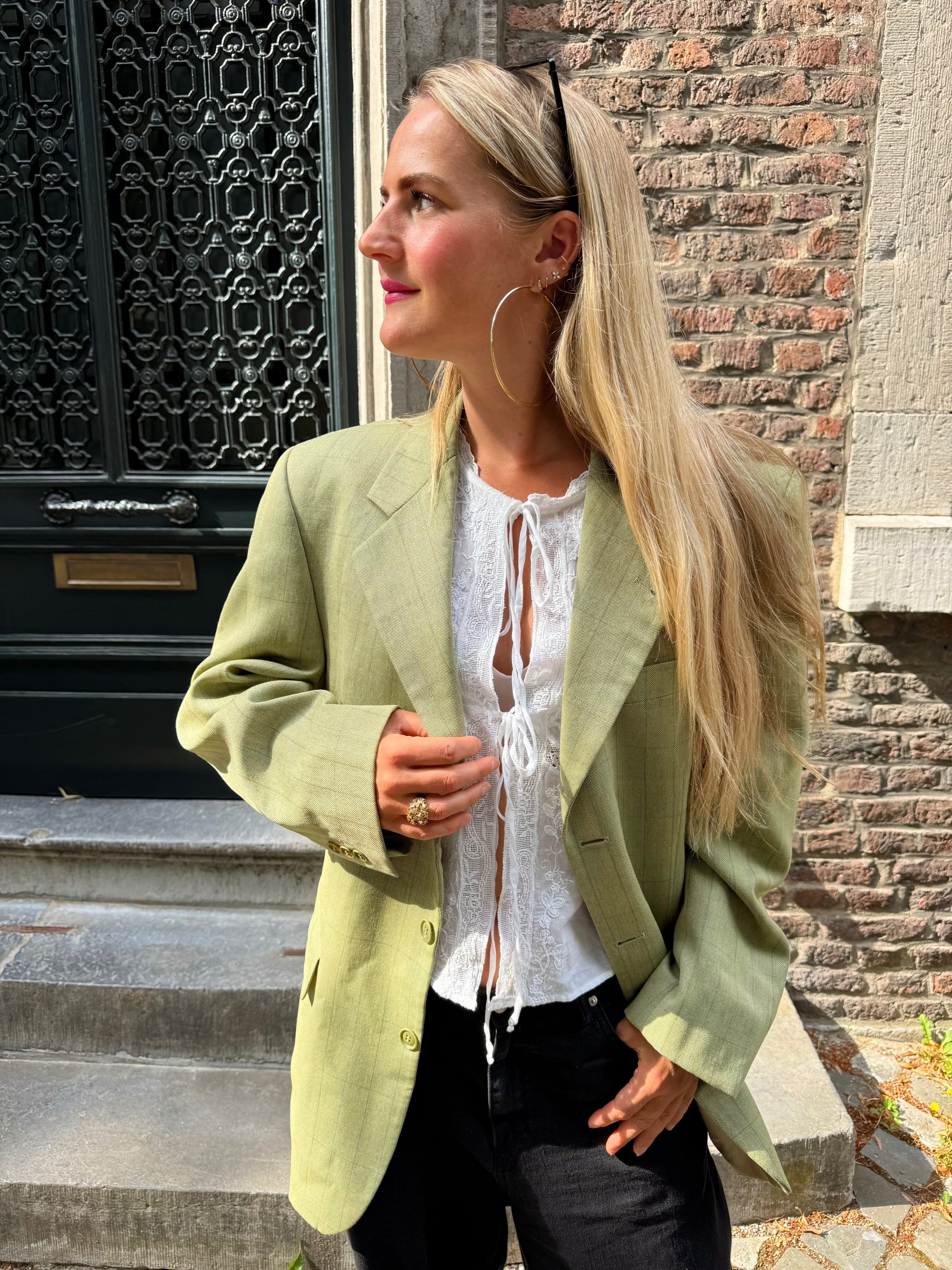 Mint green / beige checked oversized blazer