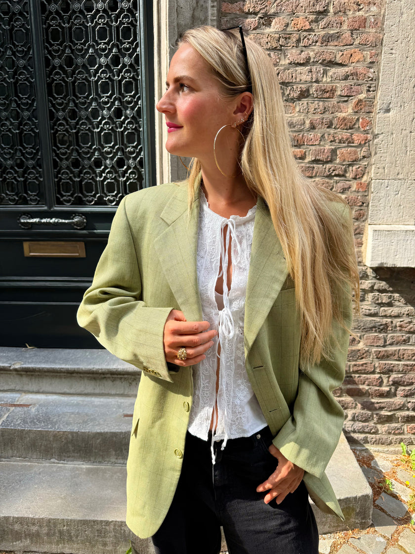 Mint green / beige checked oversized blazer