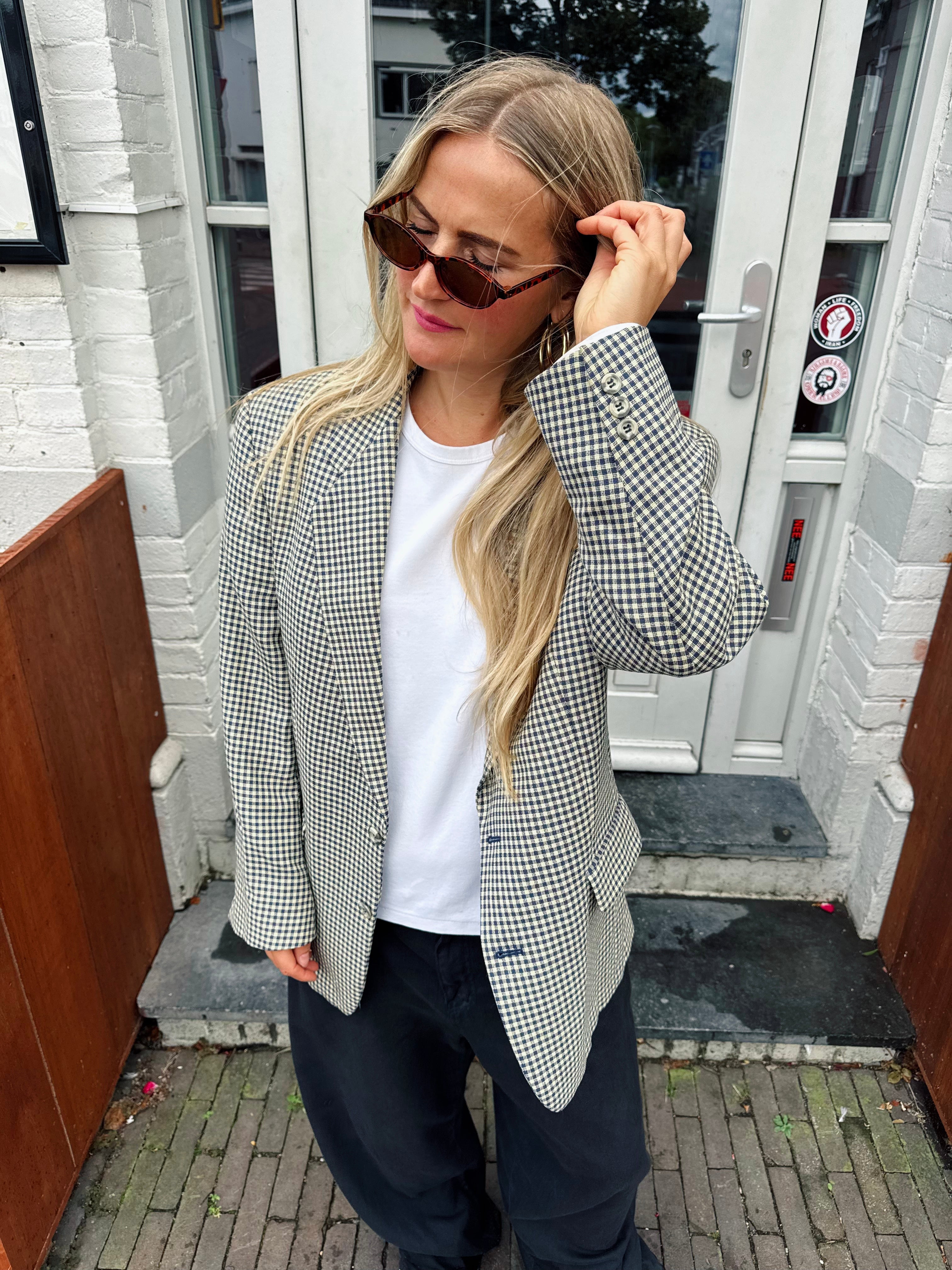 Brown & Crème Checked Oversized Blazer