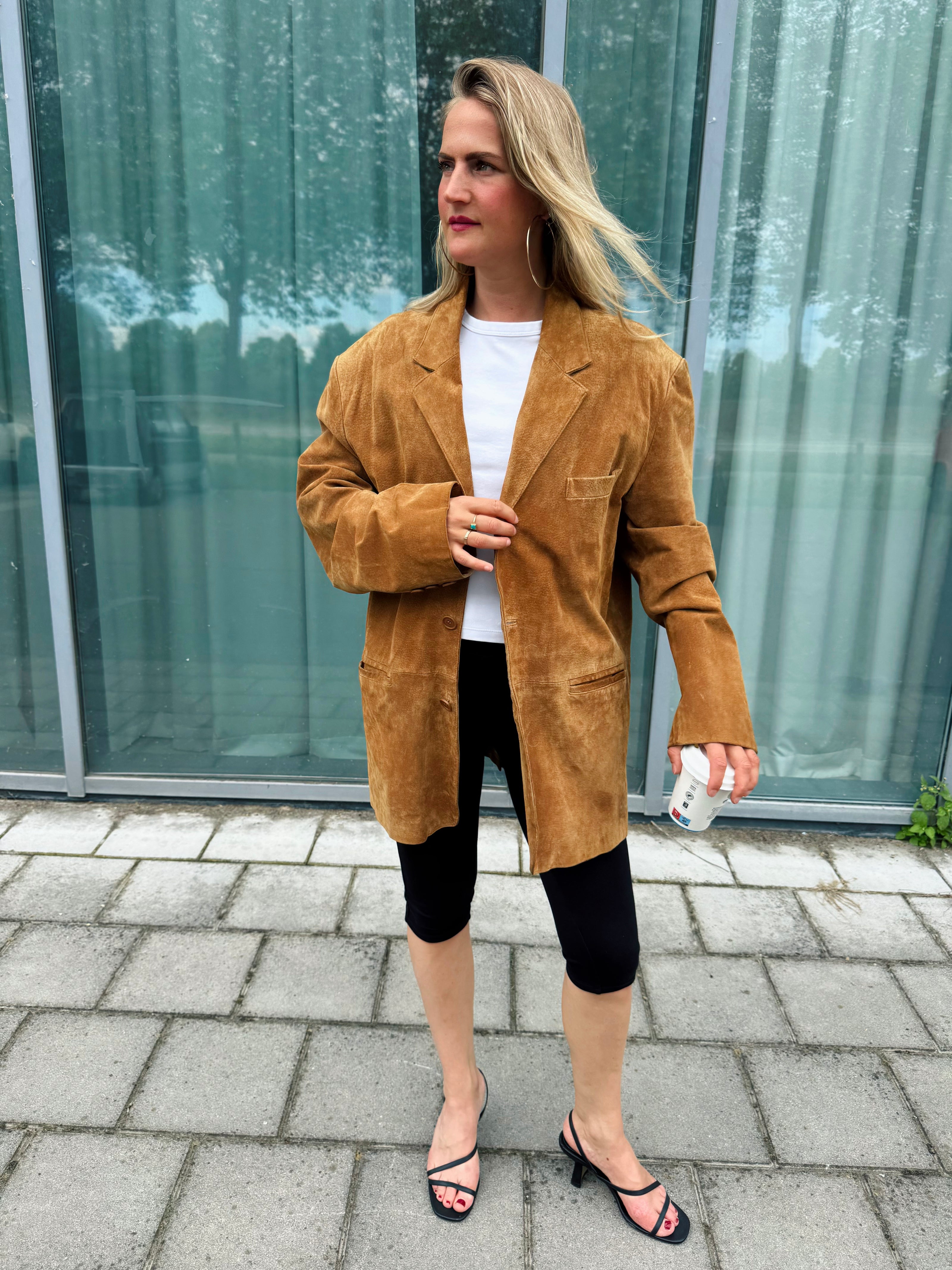 Golden Beige Suede Oversized Blazer