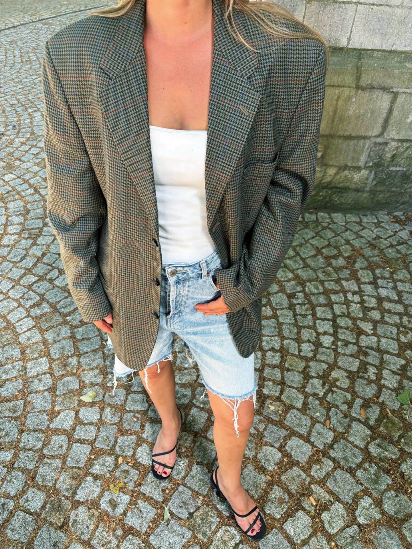 Grey/Dark Green Checked Oversized Blazer