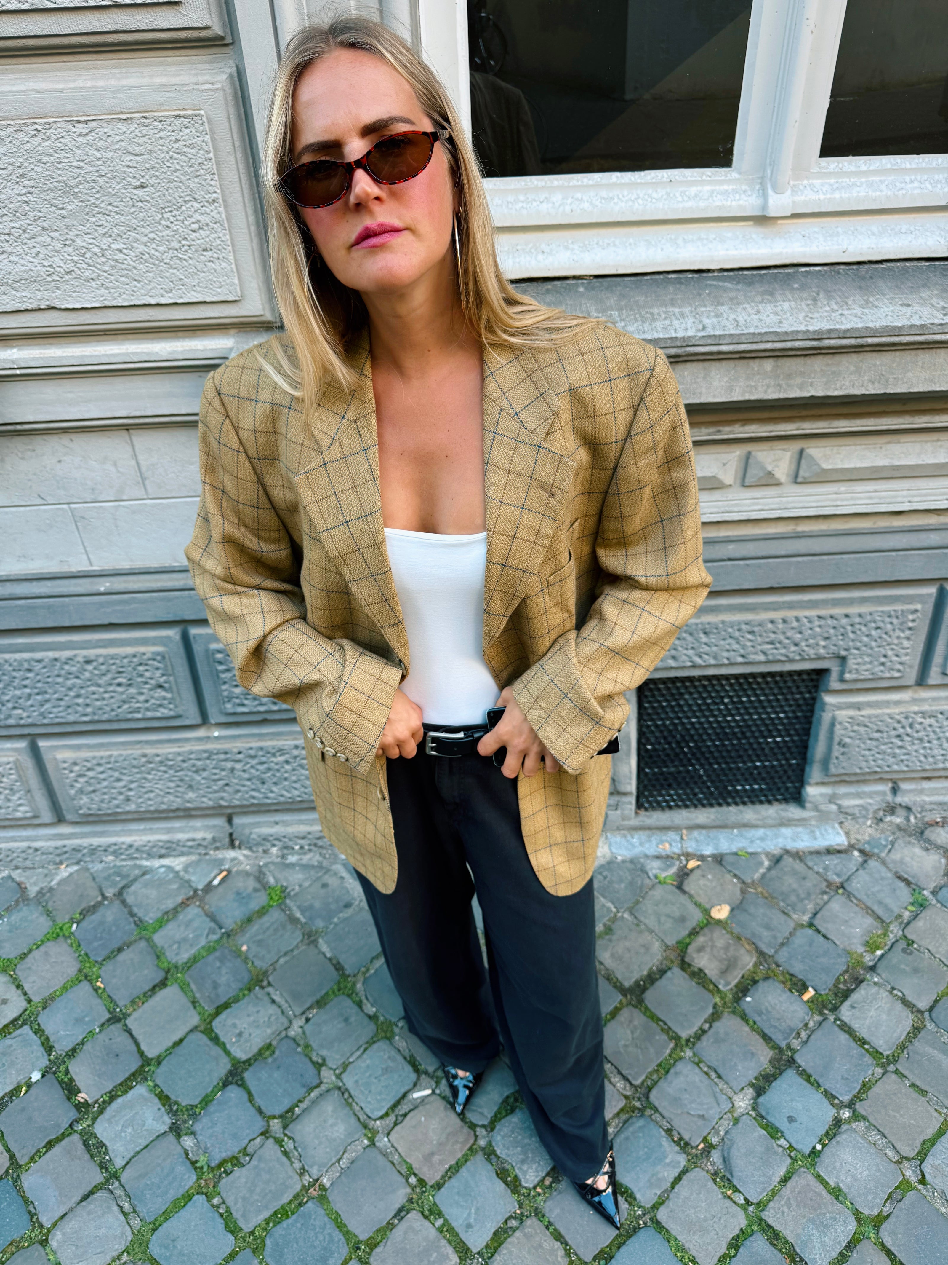 Beige Brown Khaki Checked Vintage Grandpa Blazer