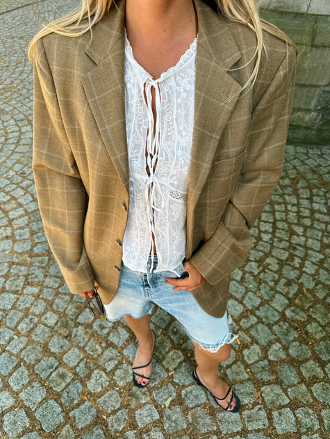 Beige Brown Oversized Checked Blazer