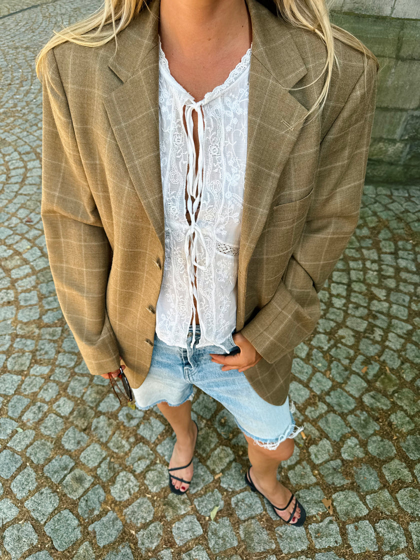 Beige Brown Oversized Checked Blazer