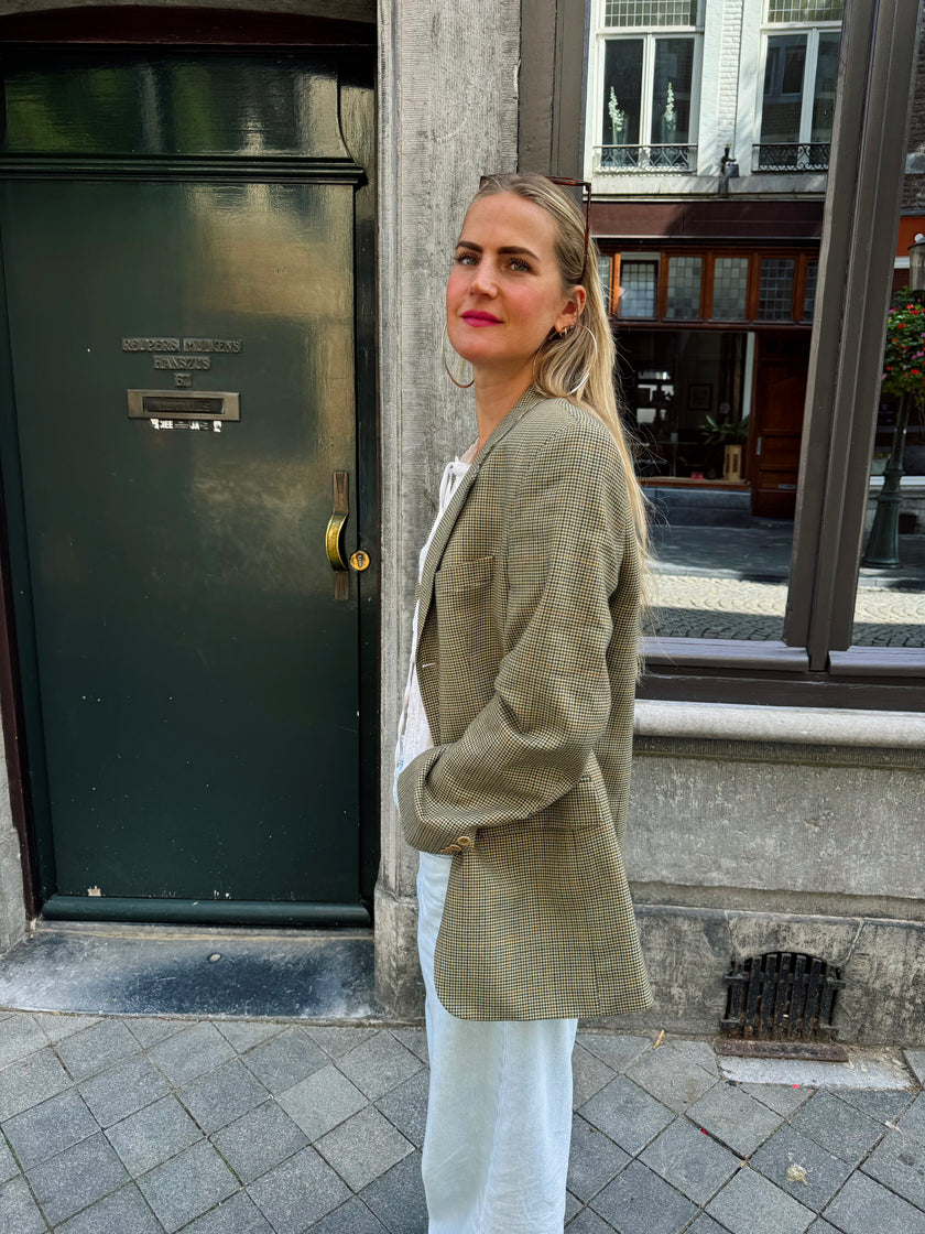 Grey Beige Checked Oversized Blazer