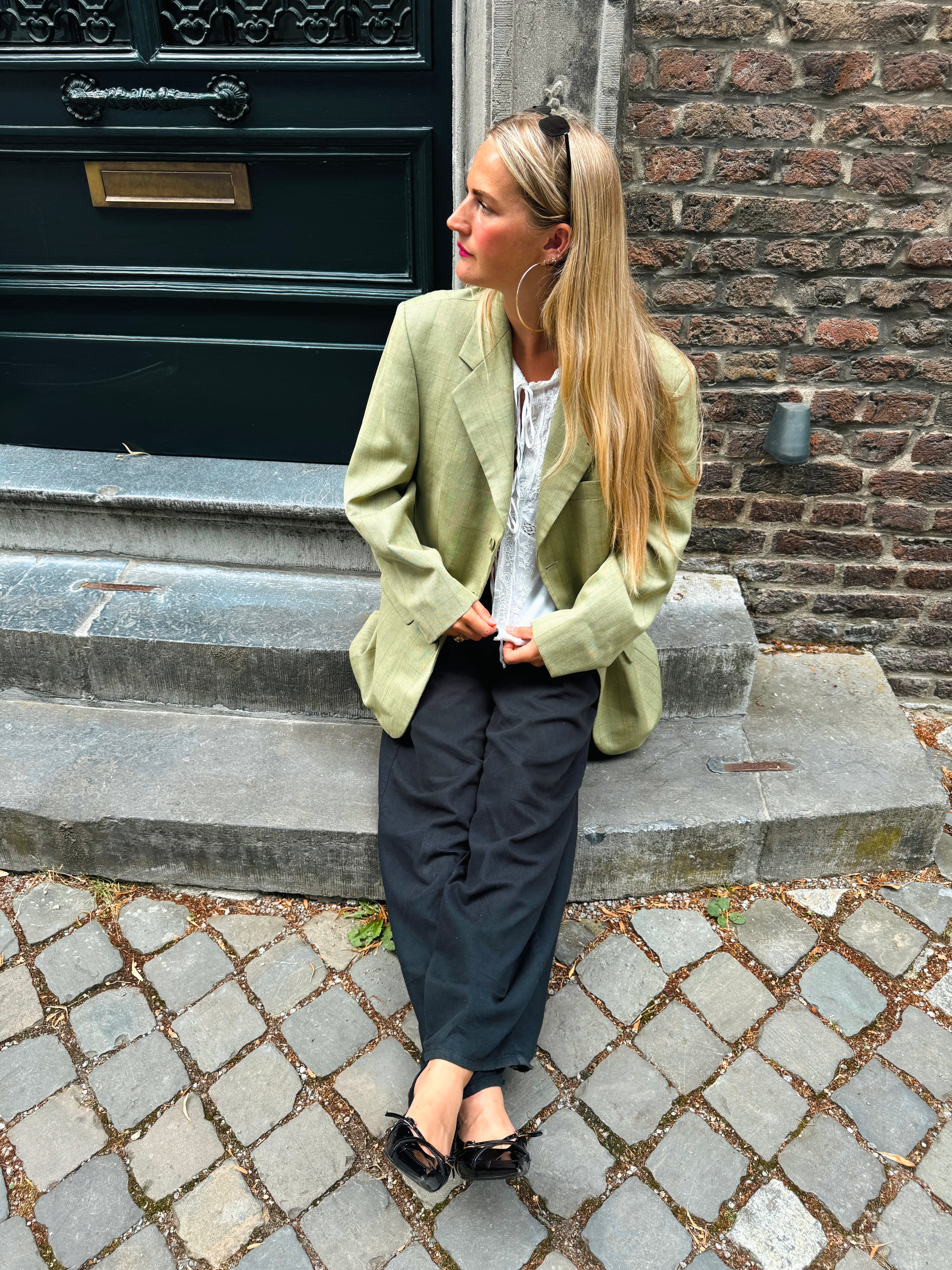 Mint green / beige checked oversized blazer