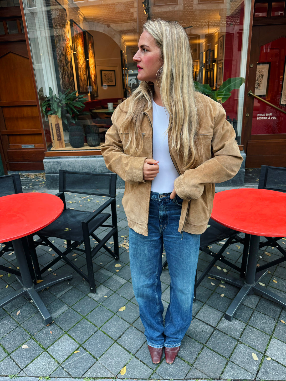 Beige Suede Bomber Jacket