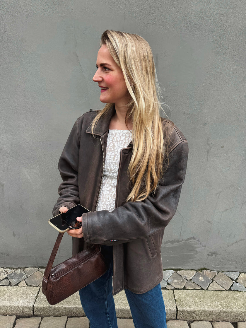 Oversized Brown Distressed Leather Jacket