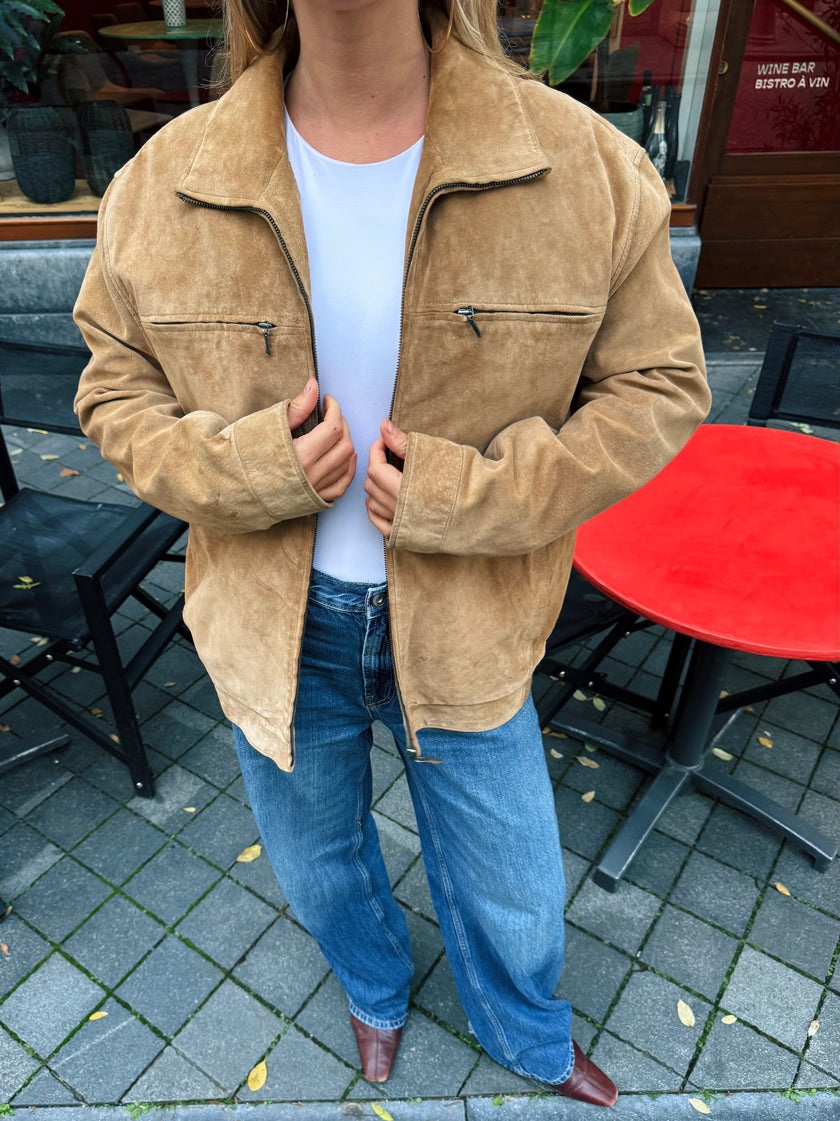 Beige Suede Bomber Jacket