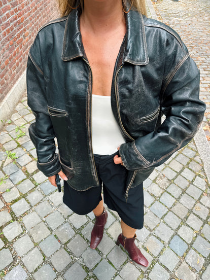 Dark Brown / Black Distressed Worn Oversized Leather Jacket