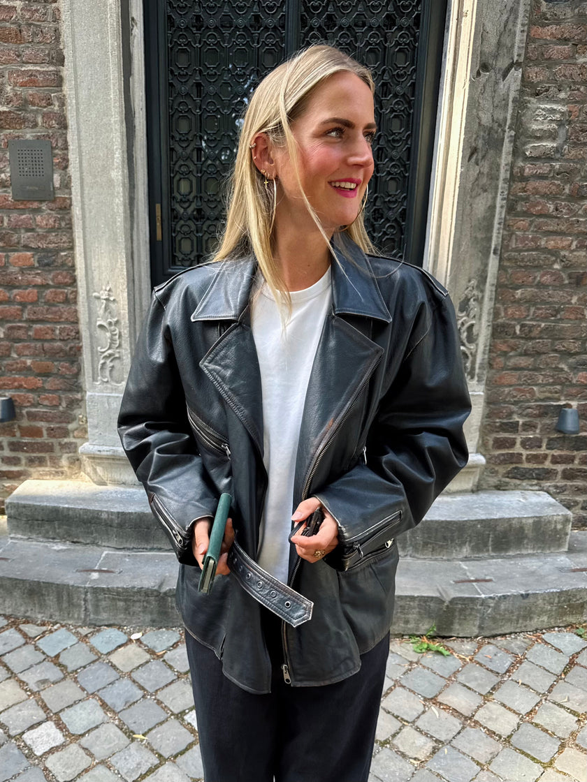 Oversized Black Leather Biker Jacket