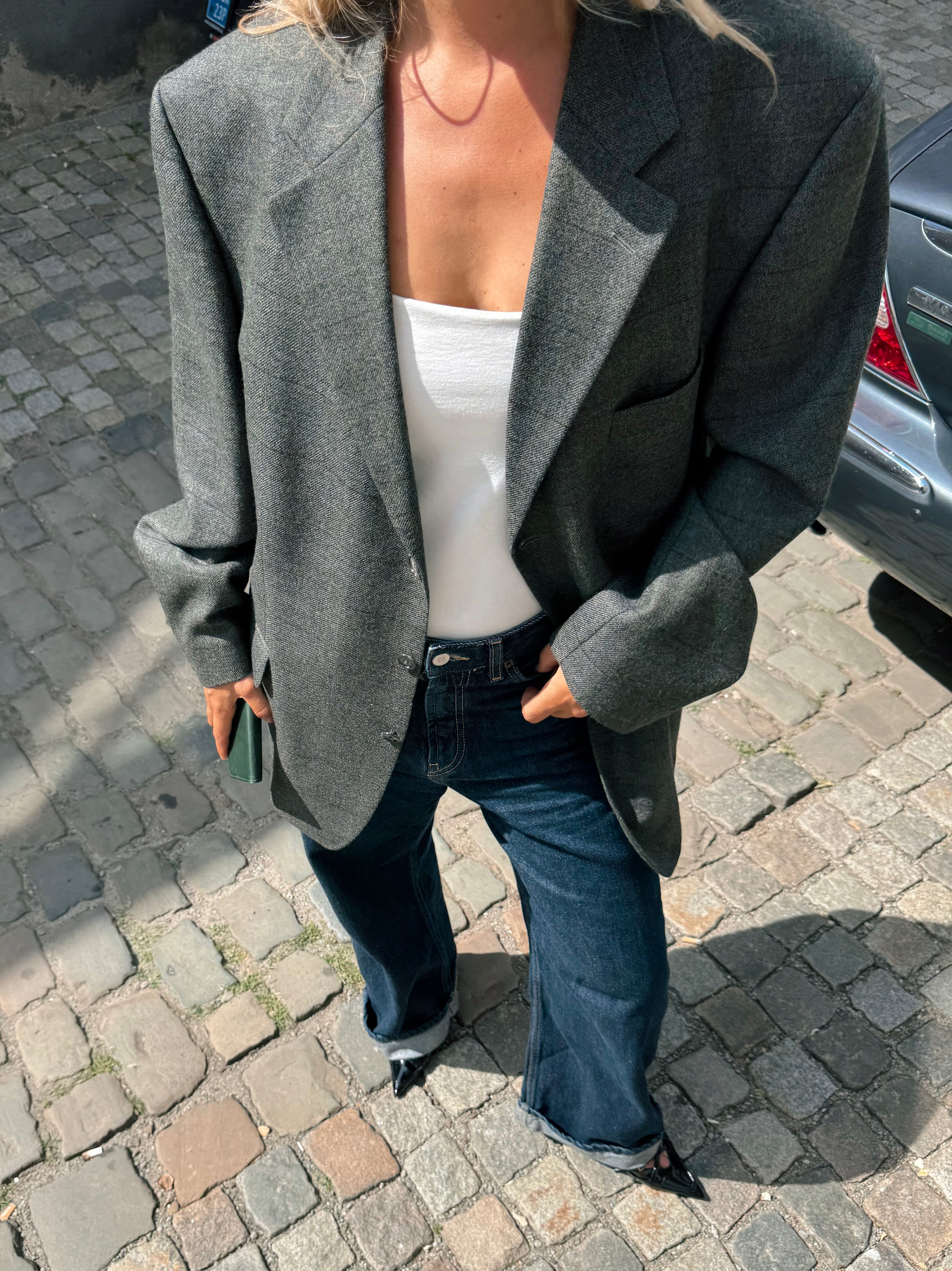 Grey Green Checked Oversized Vintage Blazer