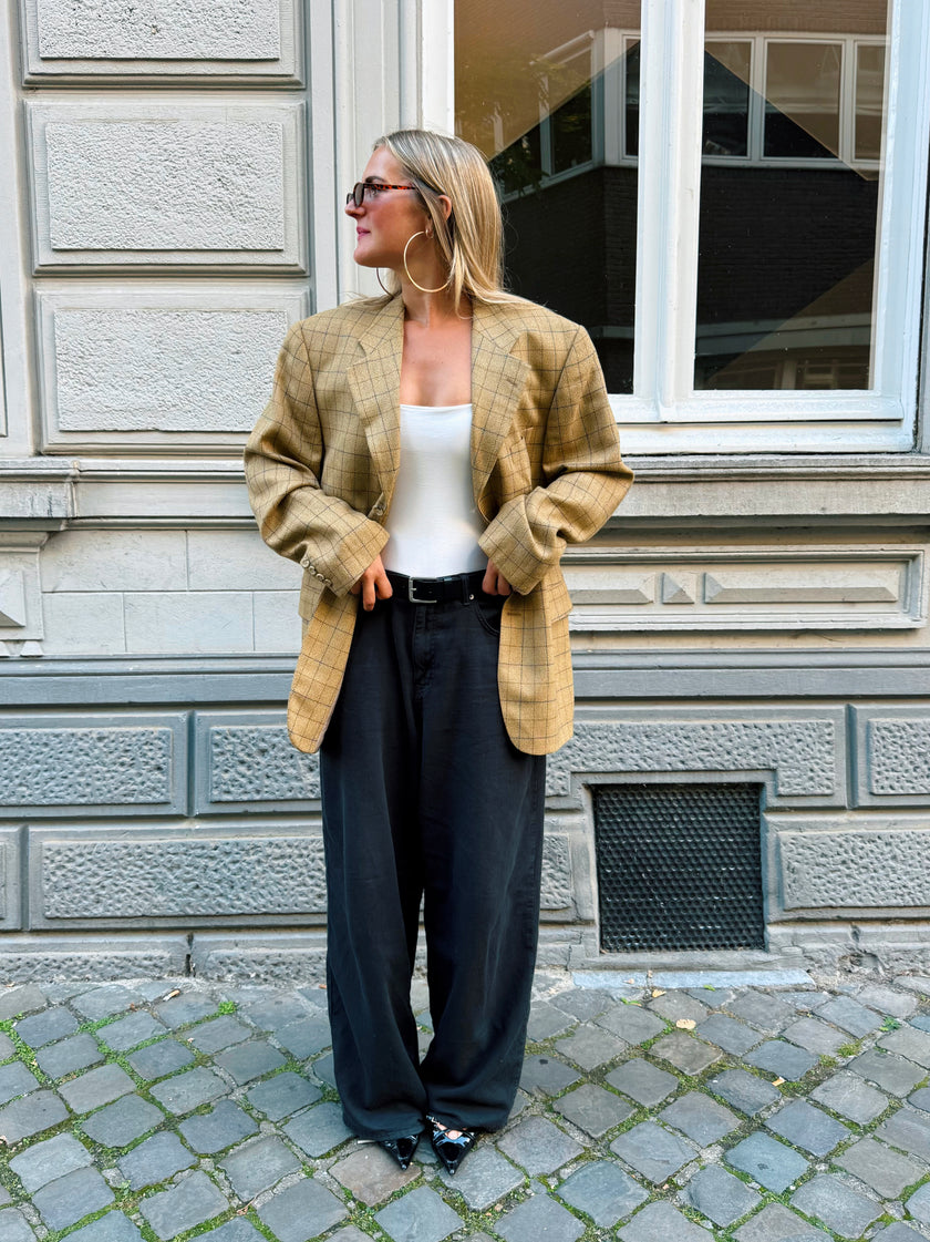 Beige Brown Khaki Checked Vintage Grandpa Blazer