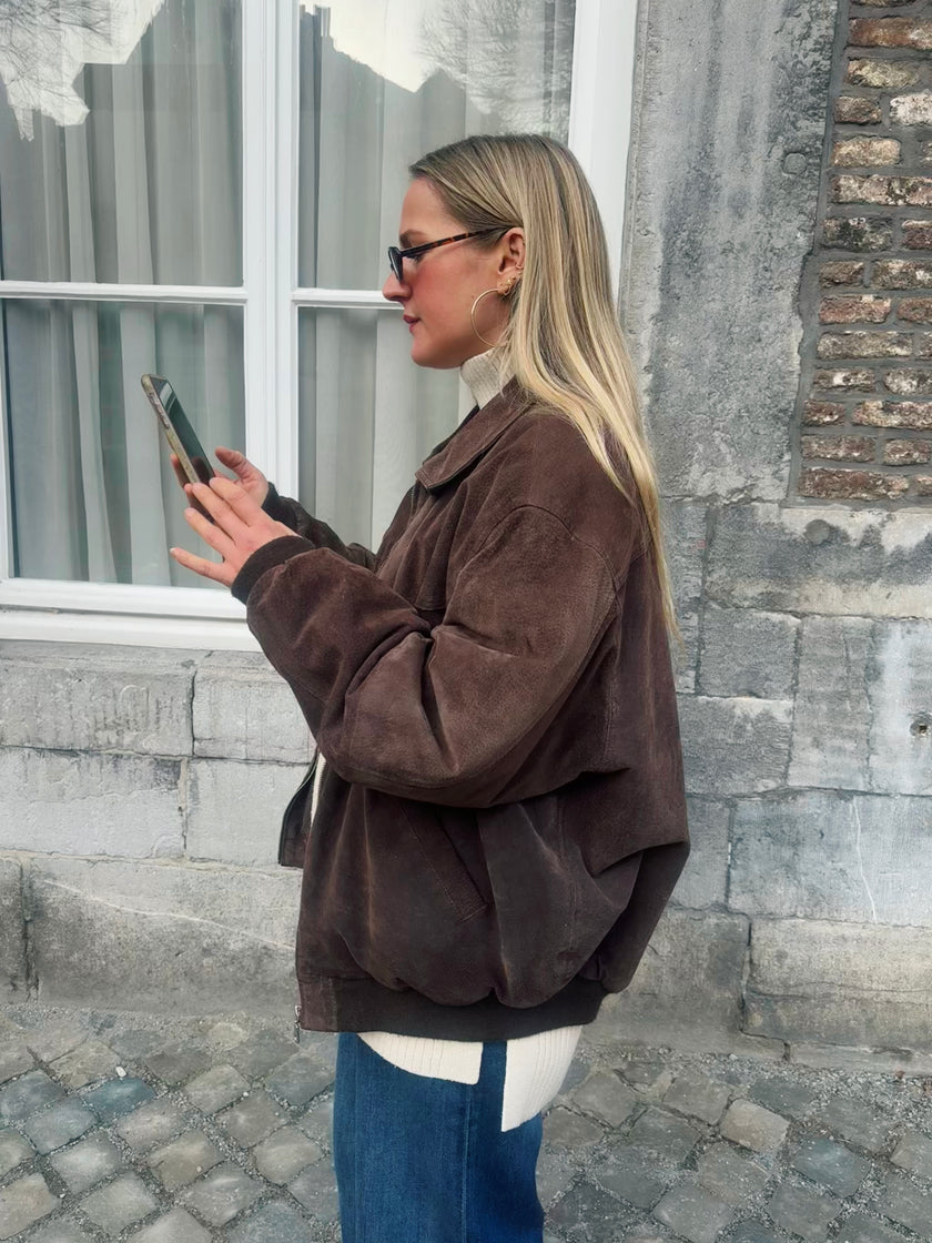 Oversized Suede Vintage Bomberjacket  Grey / Khaki Brown