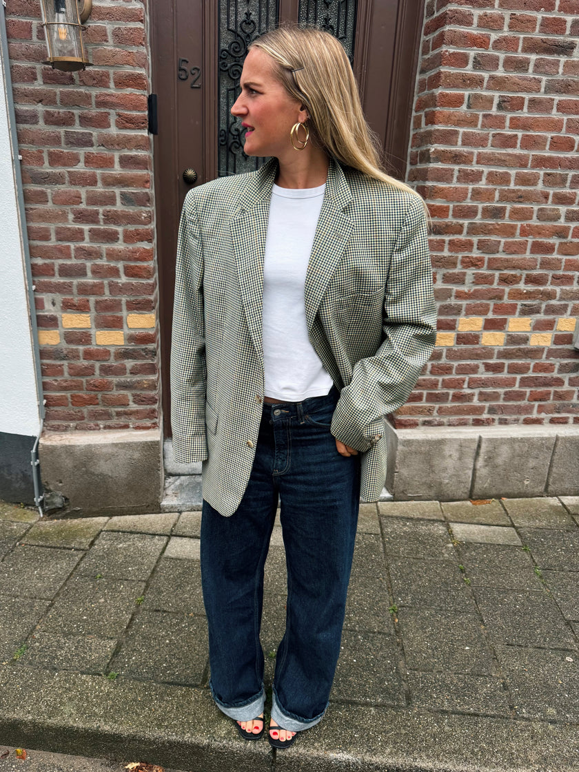 Beige Checked Oversized Blazer