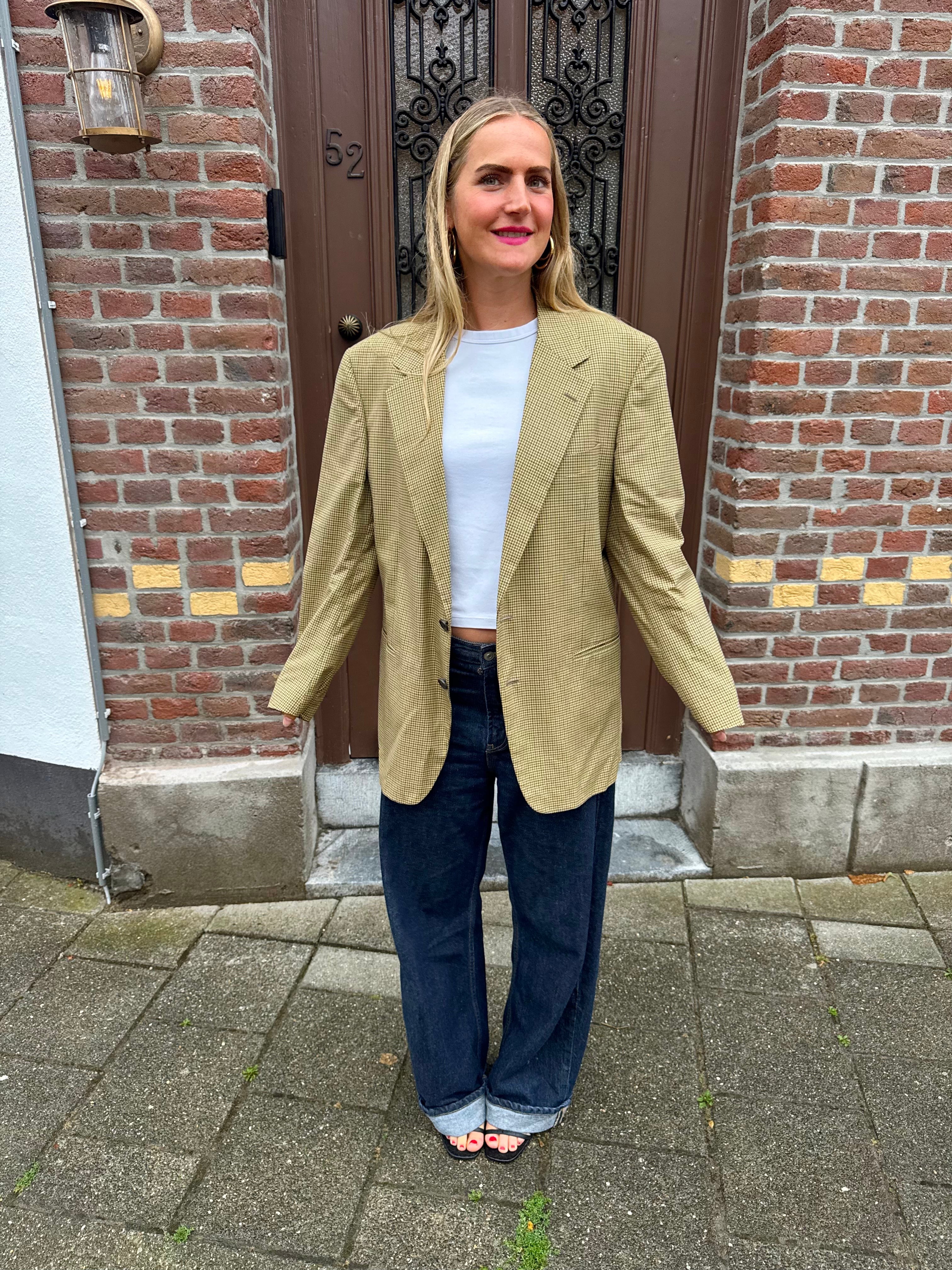 Yellow Beige Checked Oversized Blazer