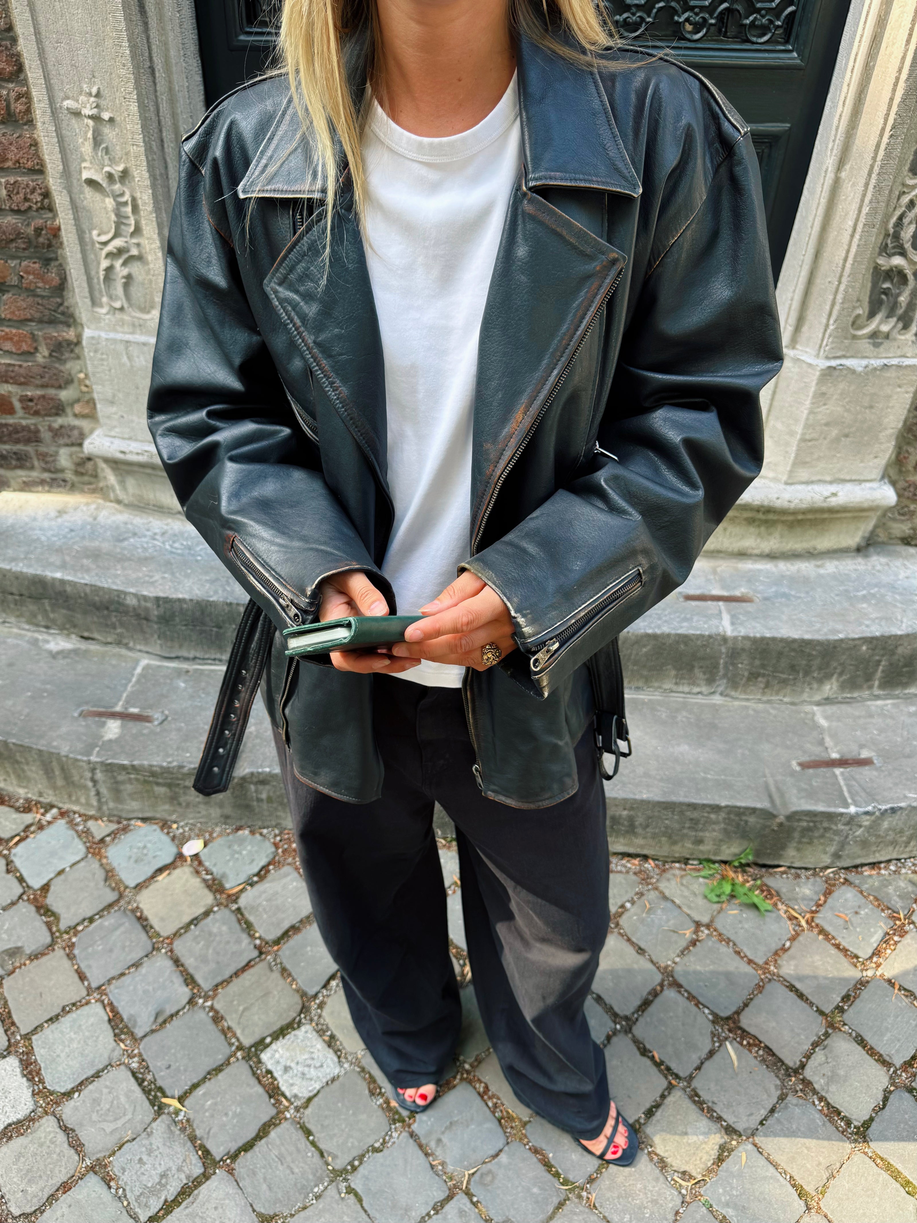 Oversized Black Leather Biker Jacket