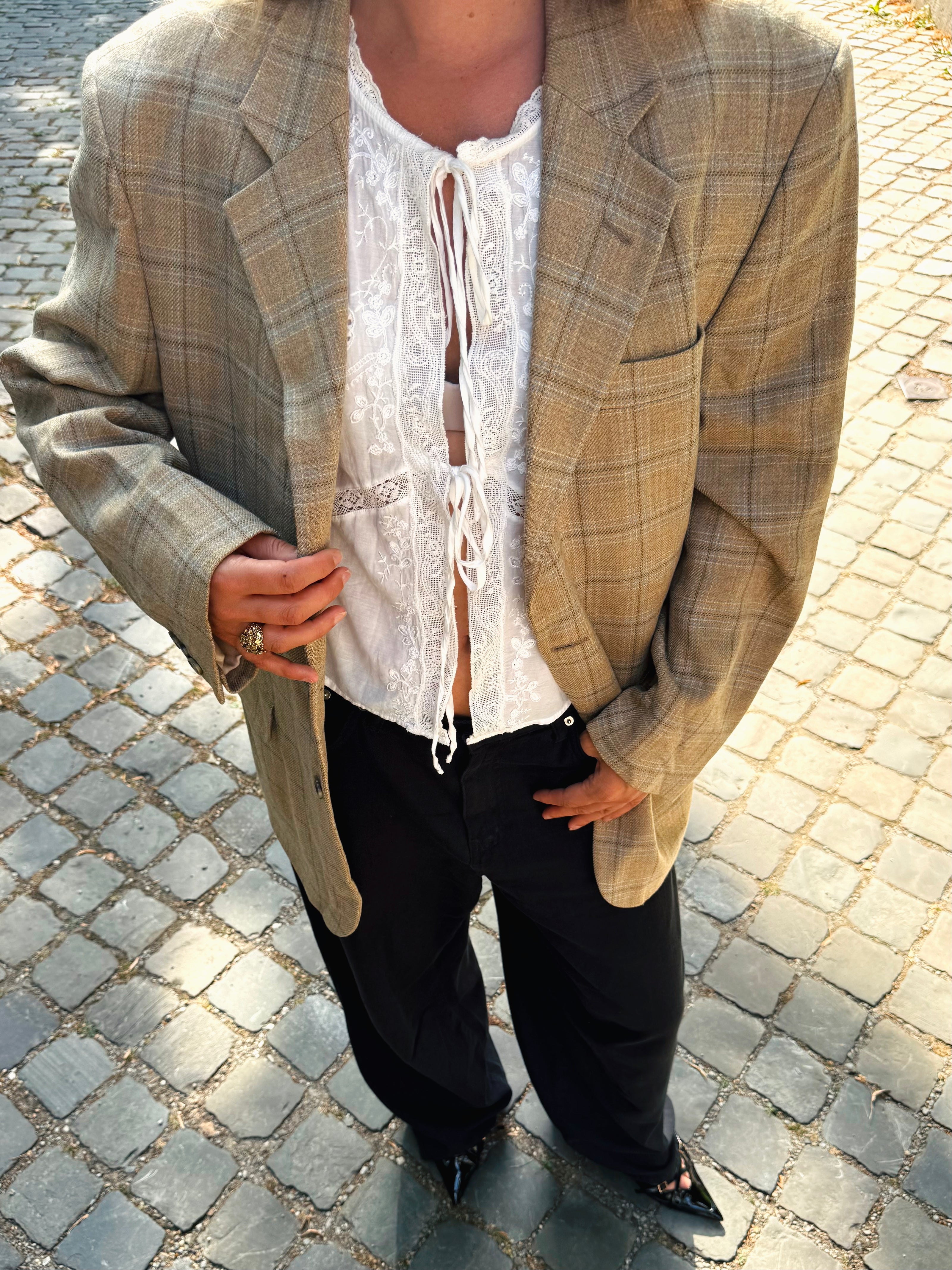 Vintage Beige Oversized Checked Blazer