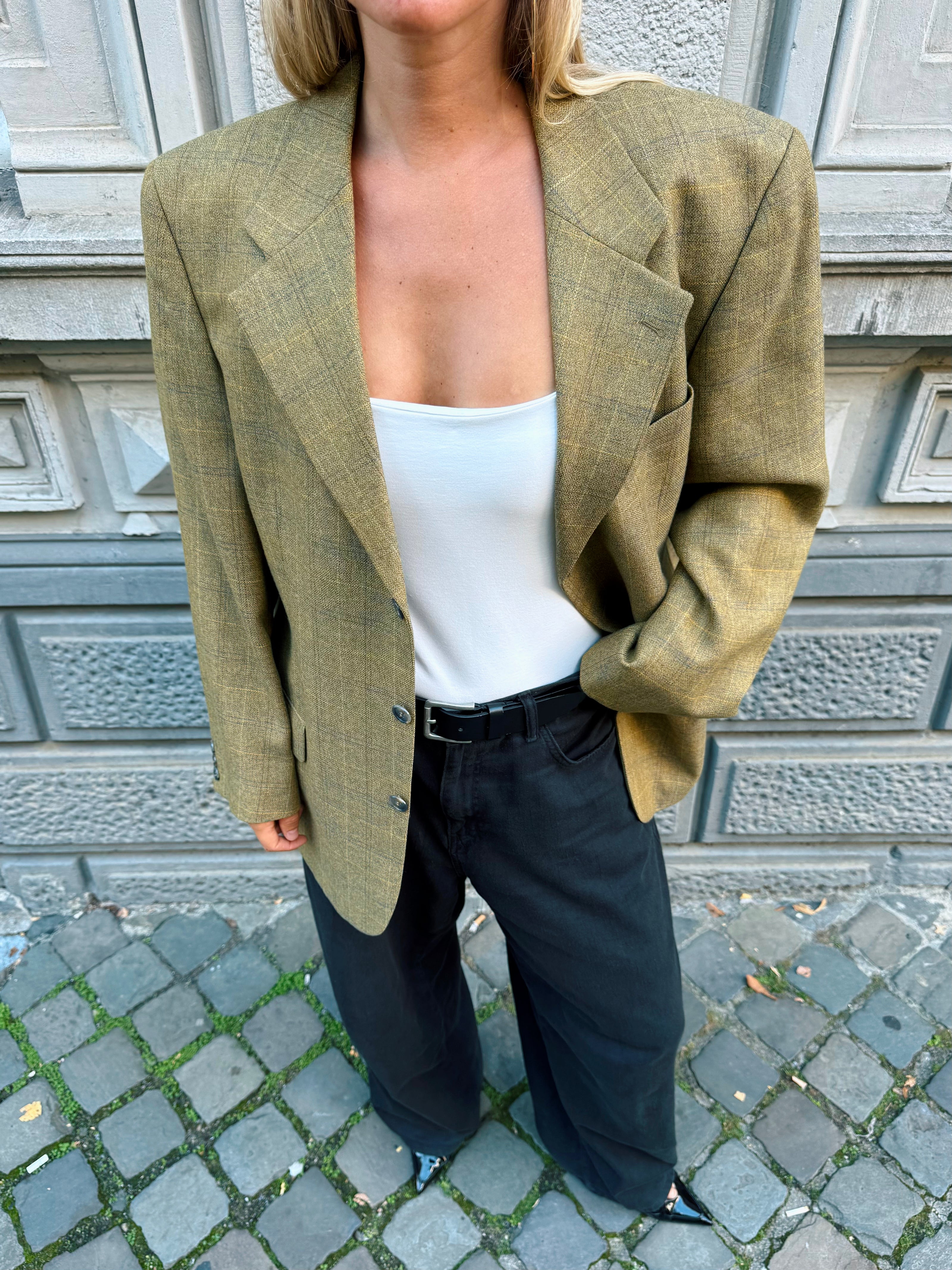 Dark Khaki Green Checked Oversized Blazer