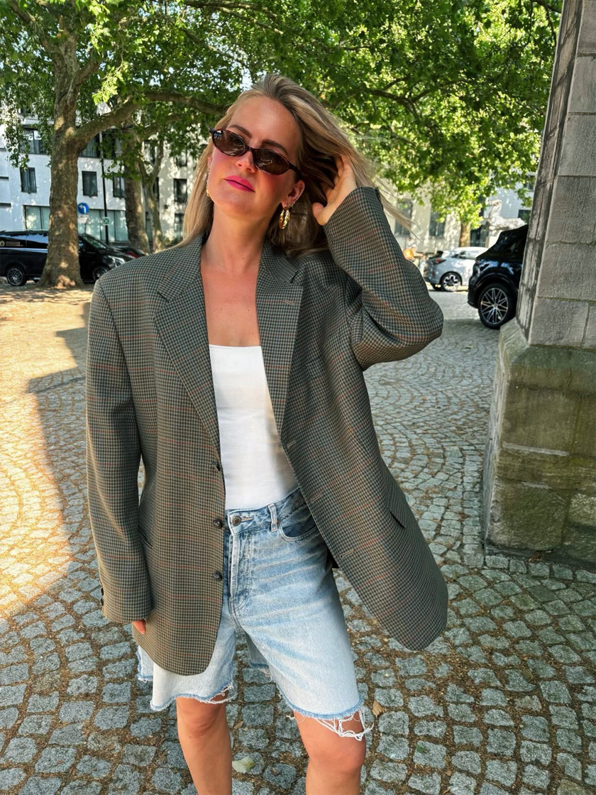Grey/Dark Green Checked Oversized Blazer