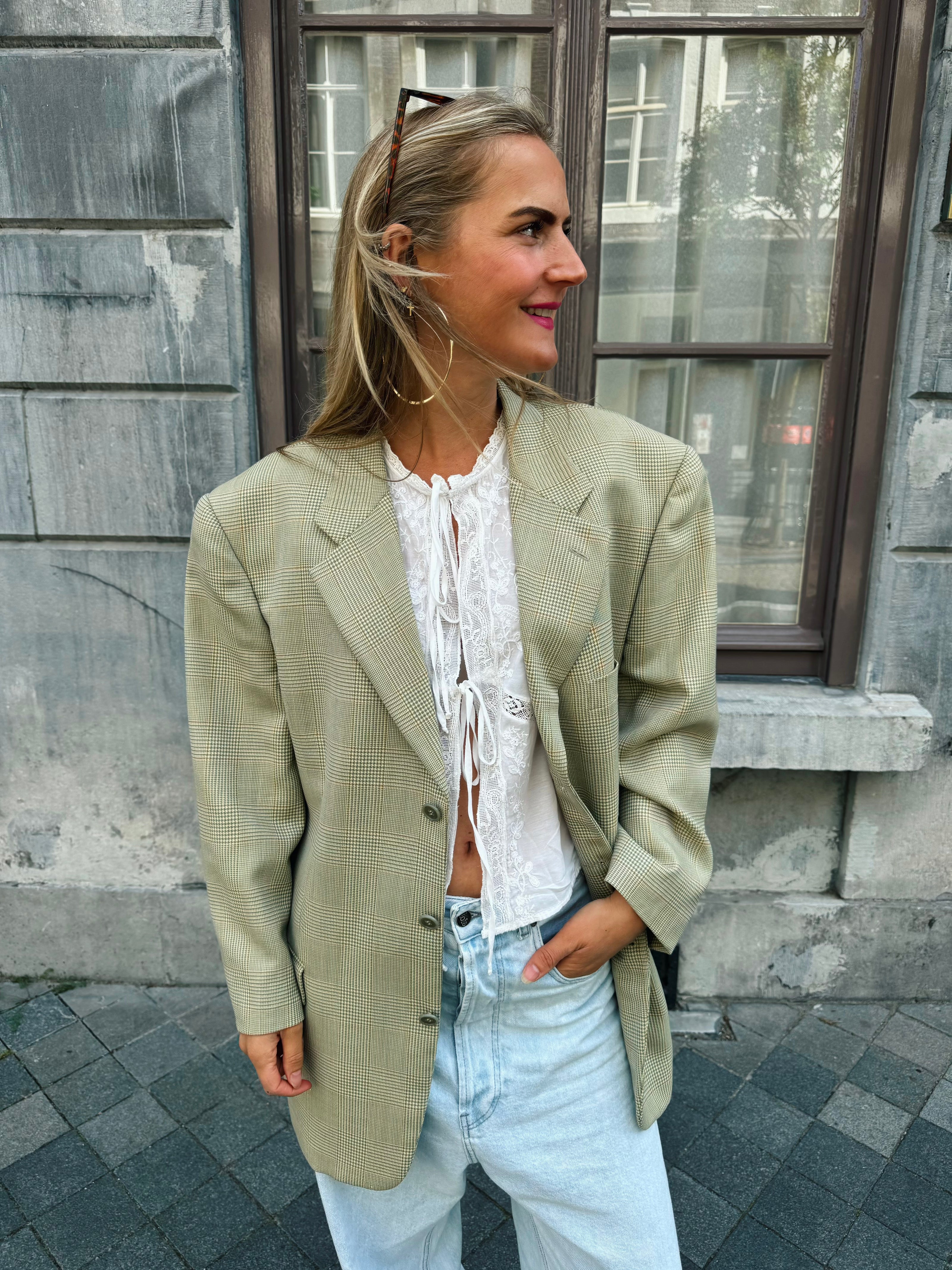 Light Grey Beige Checked Blazer