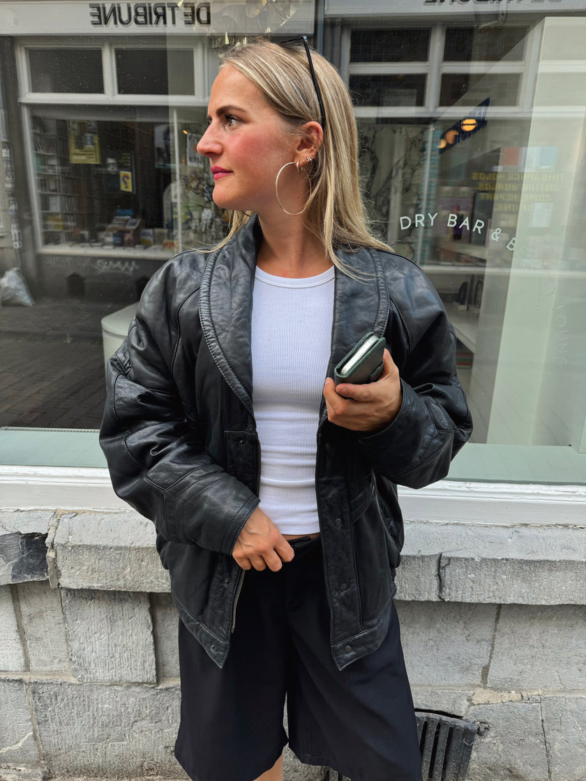 90s Black Leather Vintage Bomber Jacket