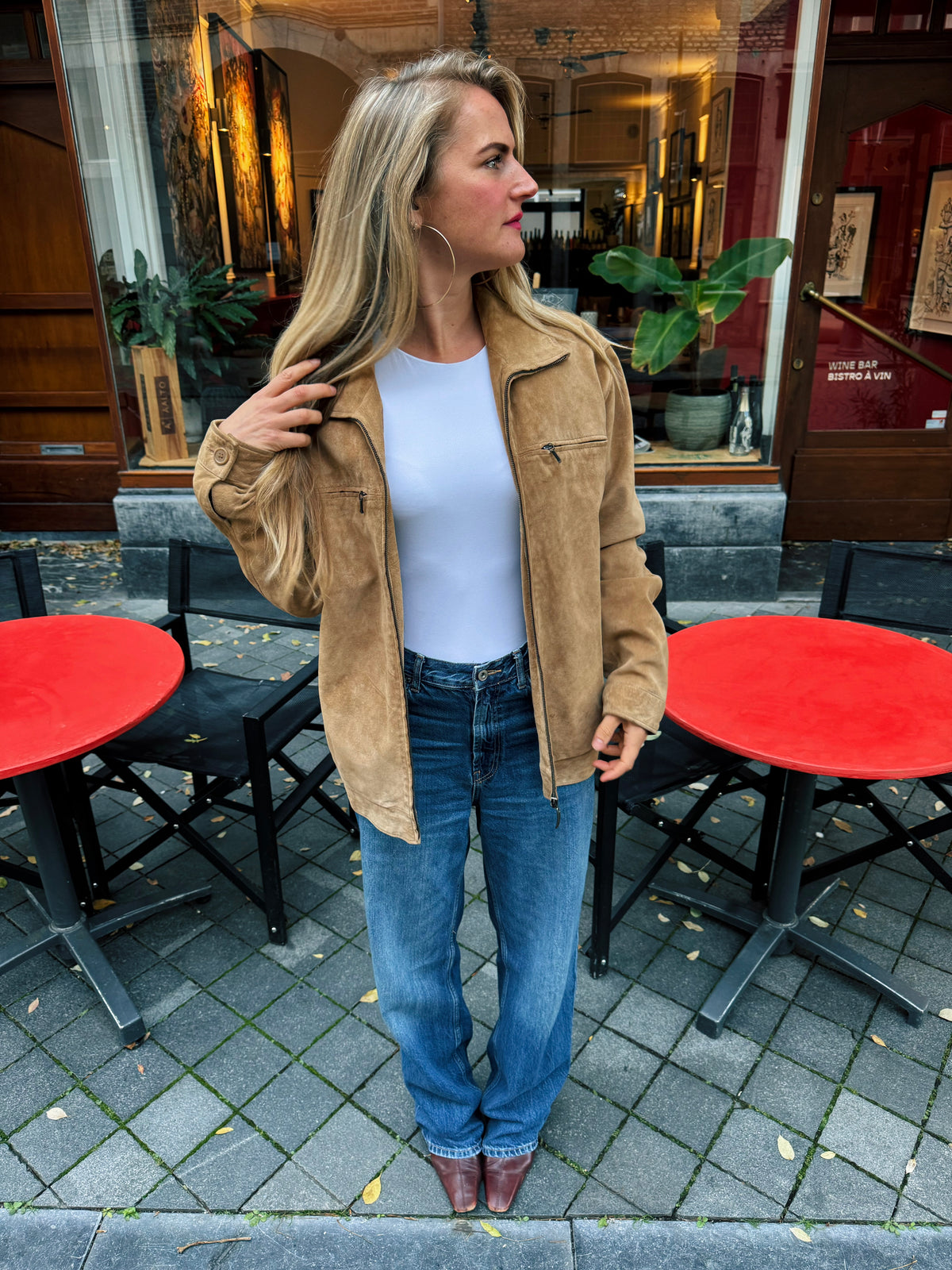 Beige Suede Bomber Jacket