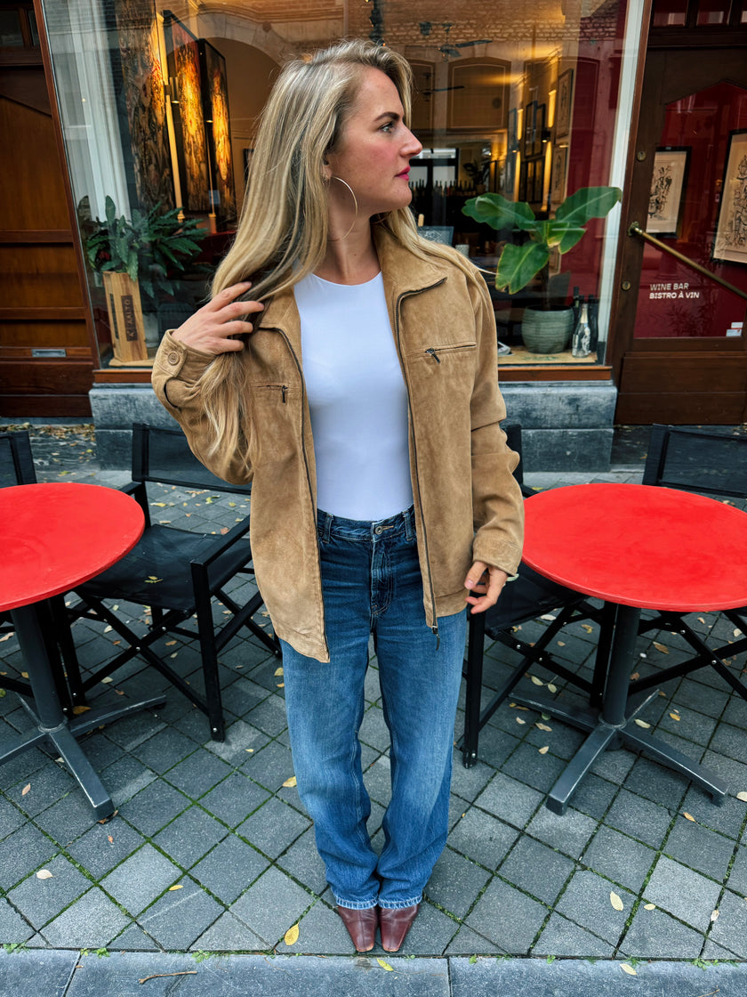 Beige Suede Bomber Jacket