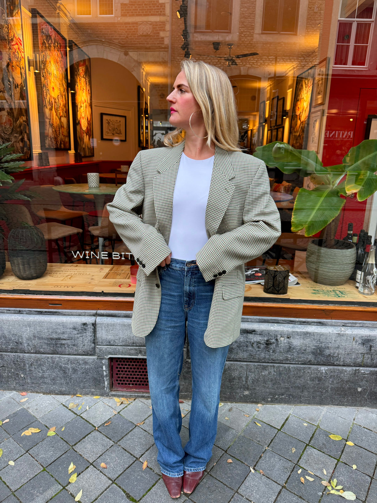 Dark Green Checked Oversized Blazer
