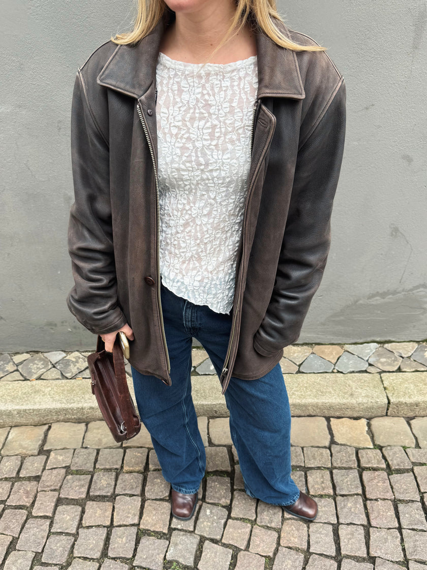 Oversized Brown Distressed Leather Jacket