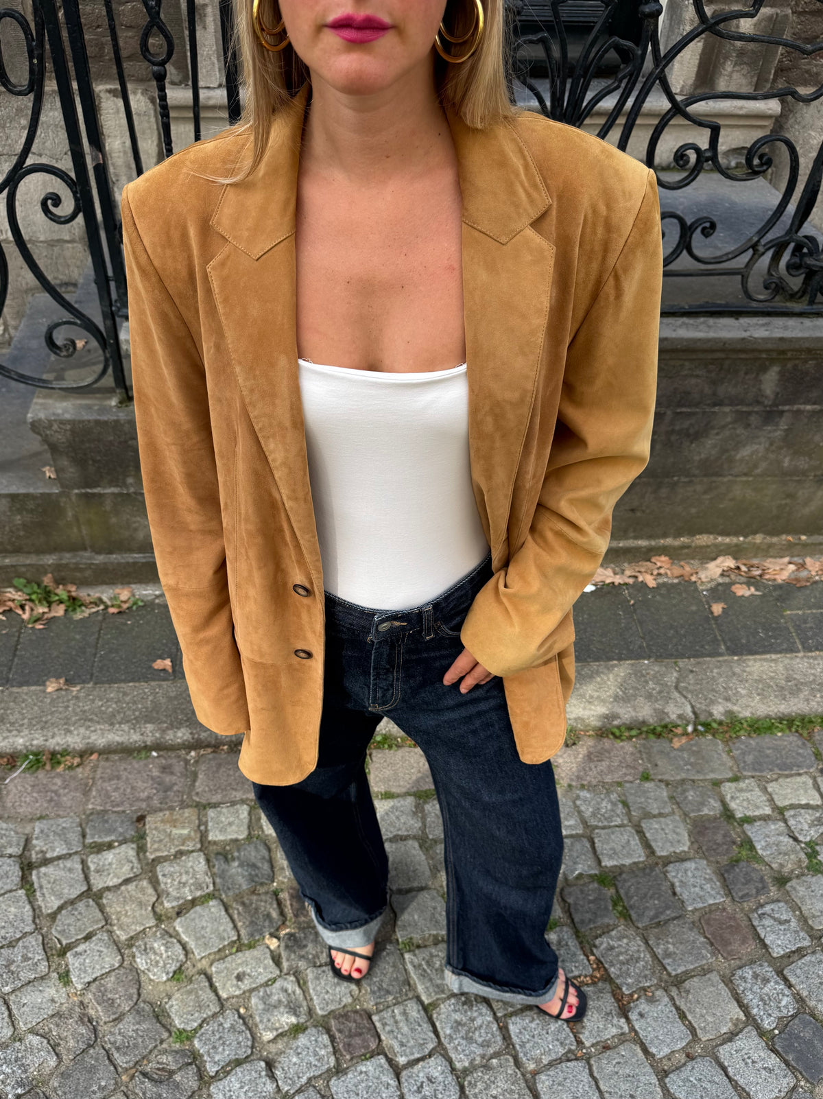 Camel Beige Oversized Suede Blazer