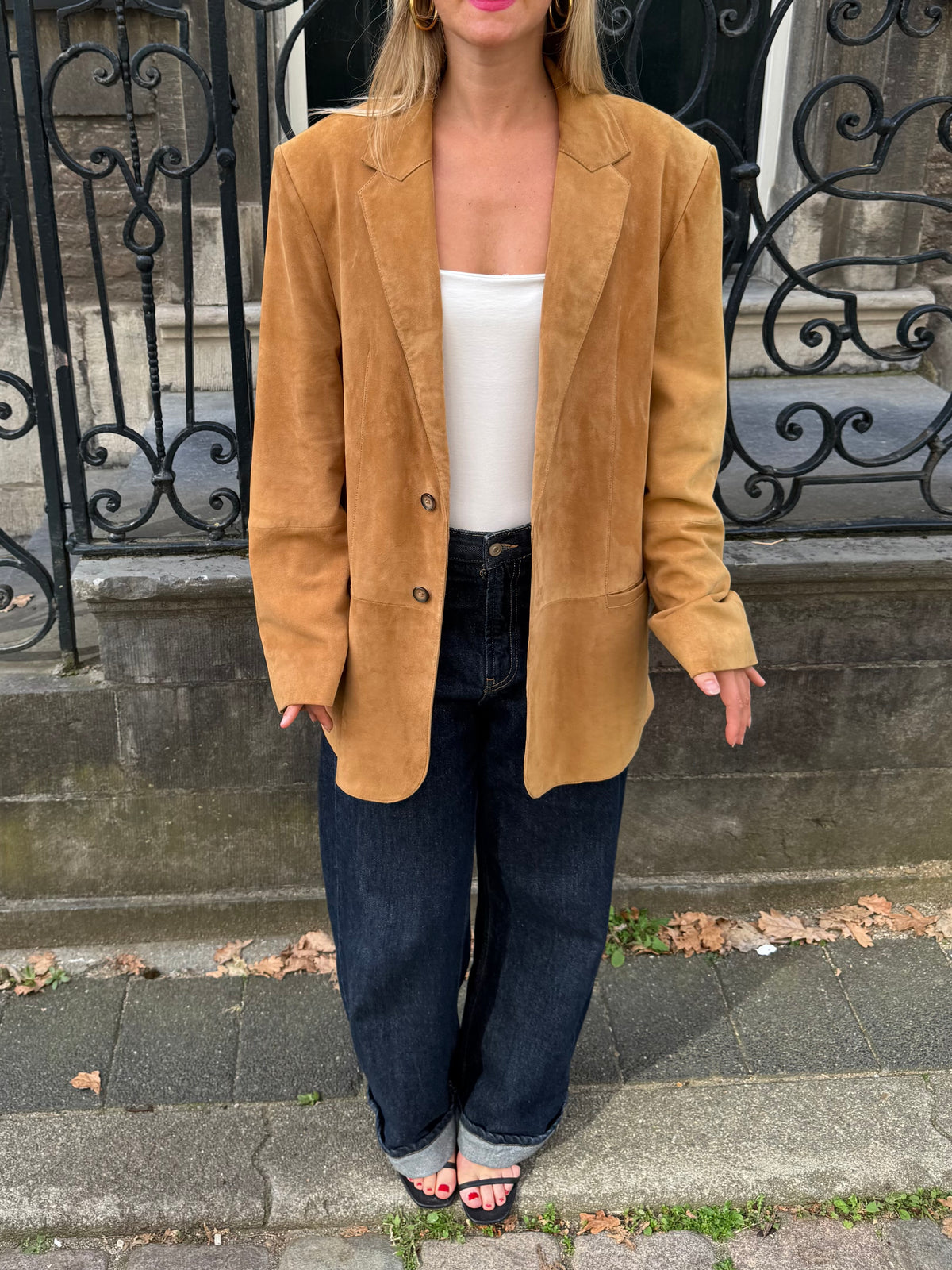 Camel Beige Oversized Suede Blazer
