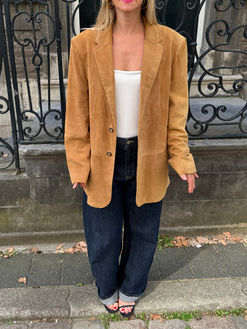 Camel Beige Oversized Suede Blazer