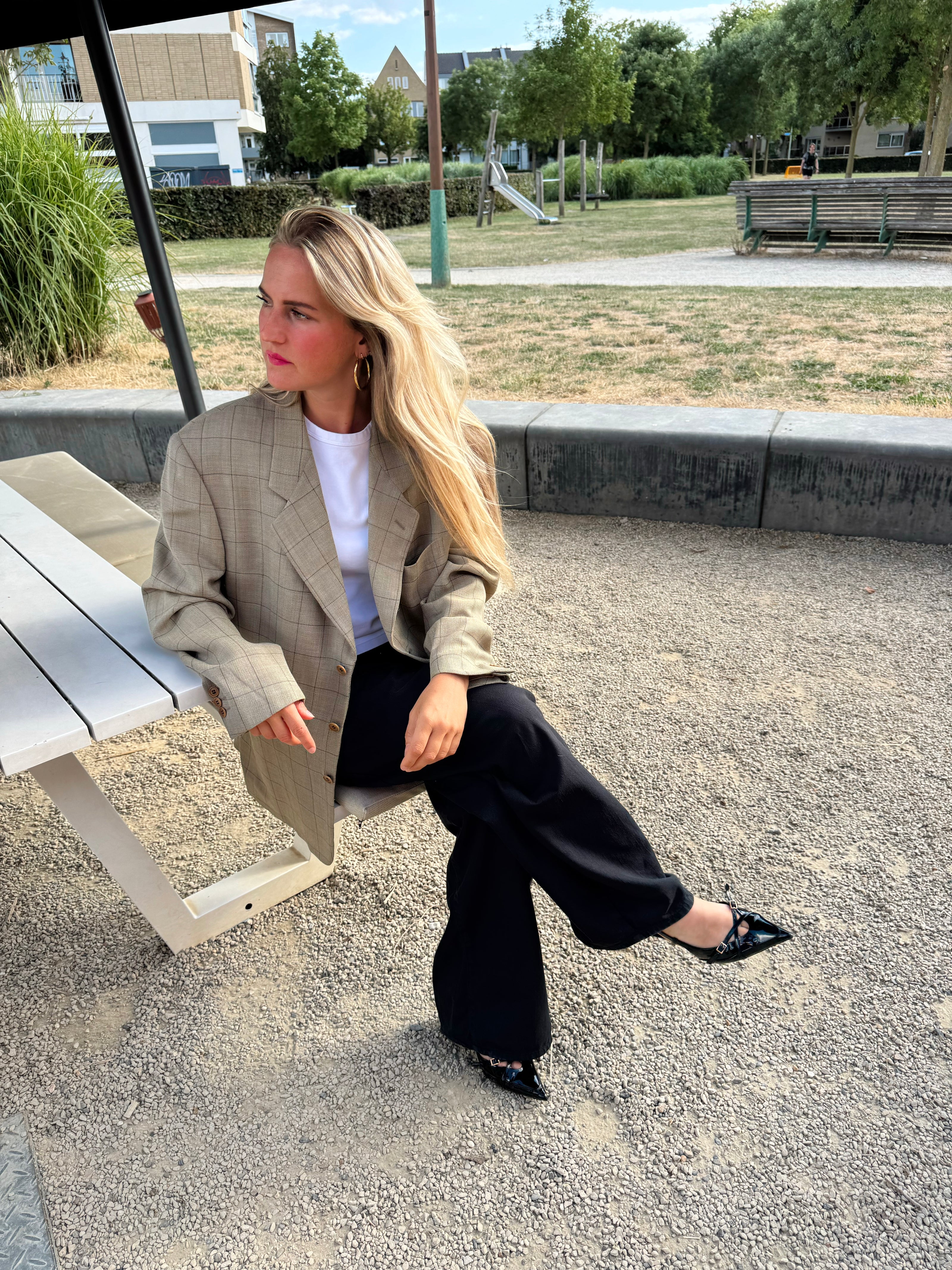 Grey Beige Checked Blazer