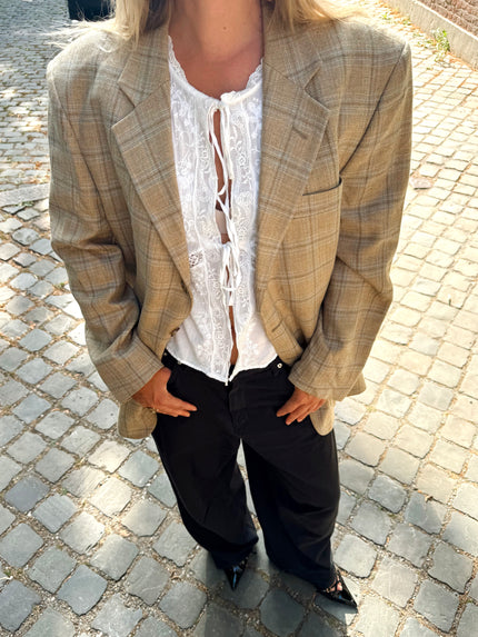 Vintage Beige Oversized Checked Blazer
