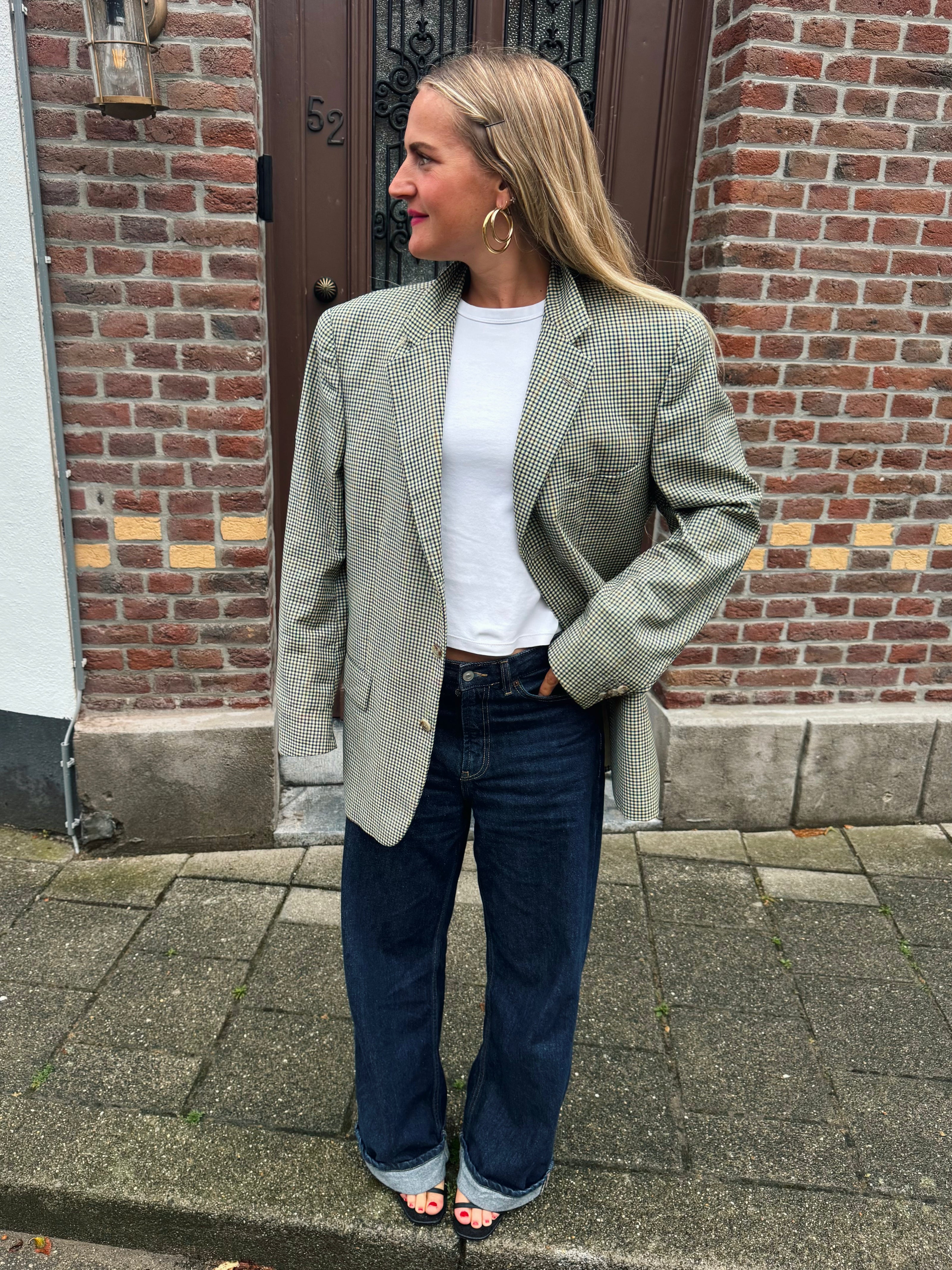 Beige Checked Oversized Blazer