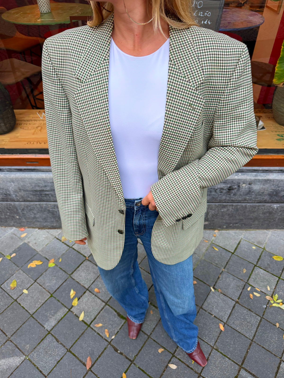 Dark Green Checked Oversized Blazer