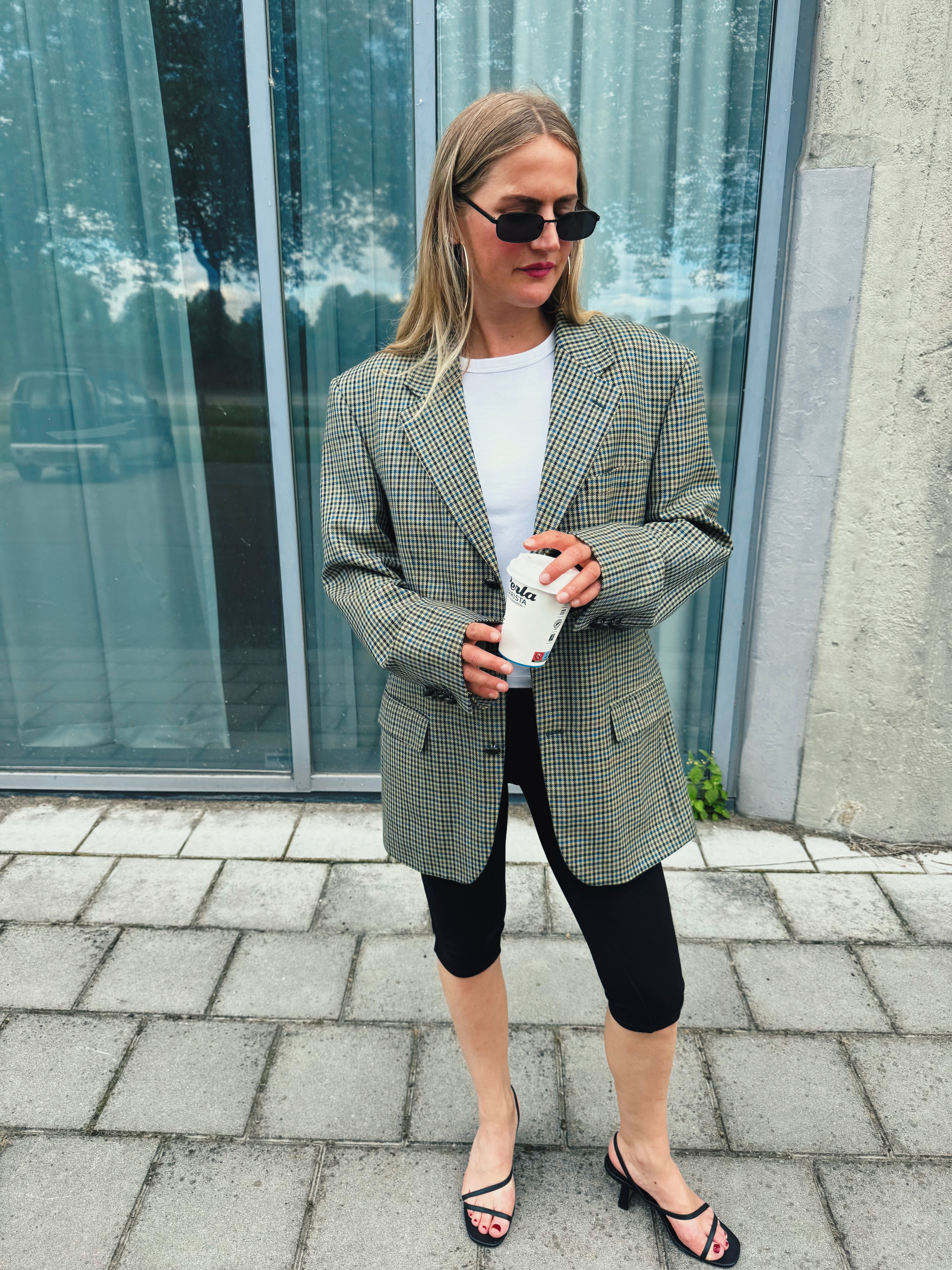 Beige Checked Oversized Blazer