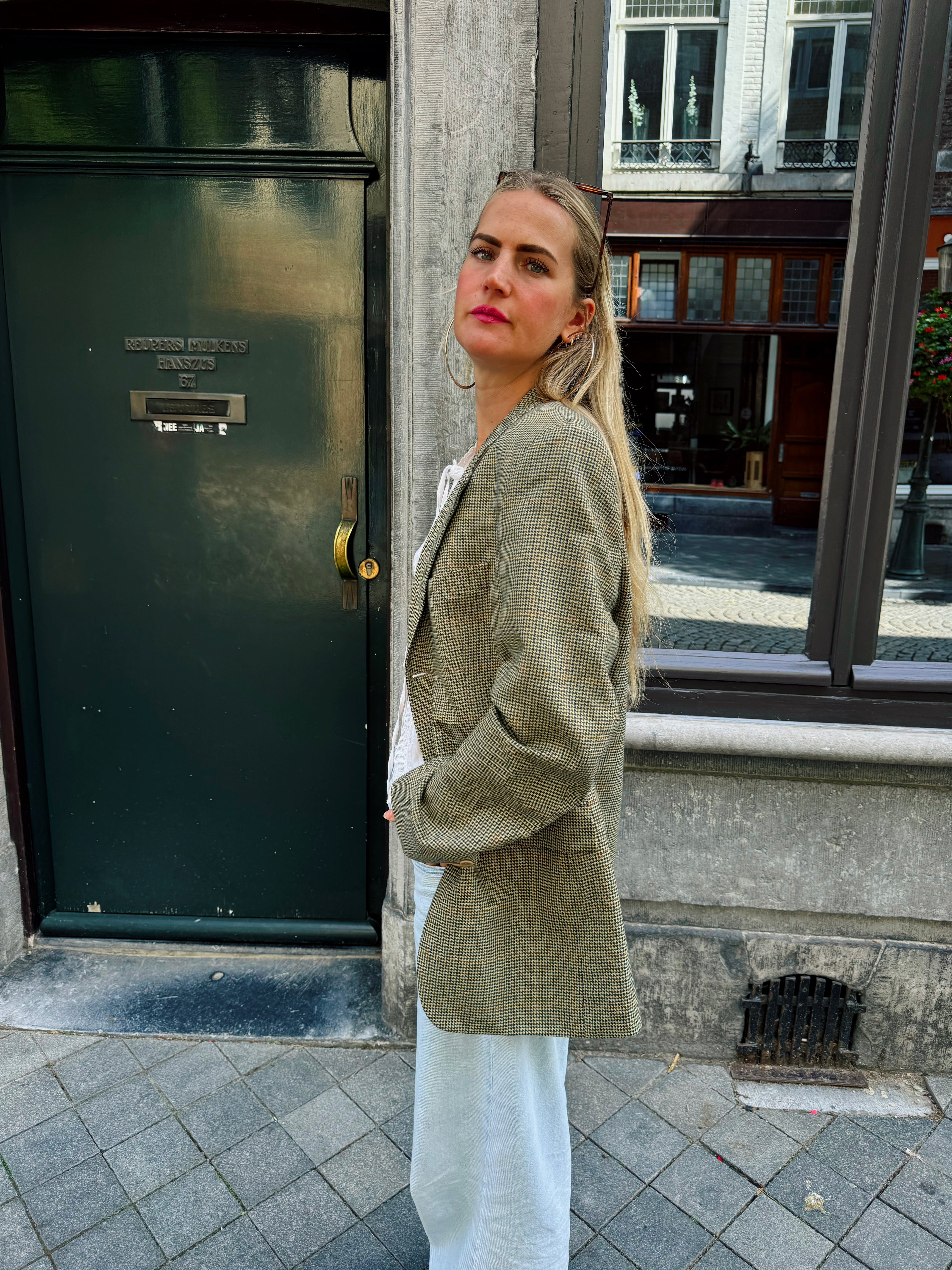 Grey Beige Checked Oversized Blazer
