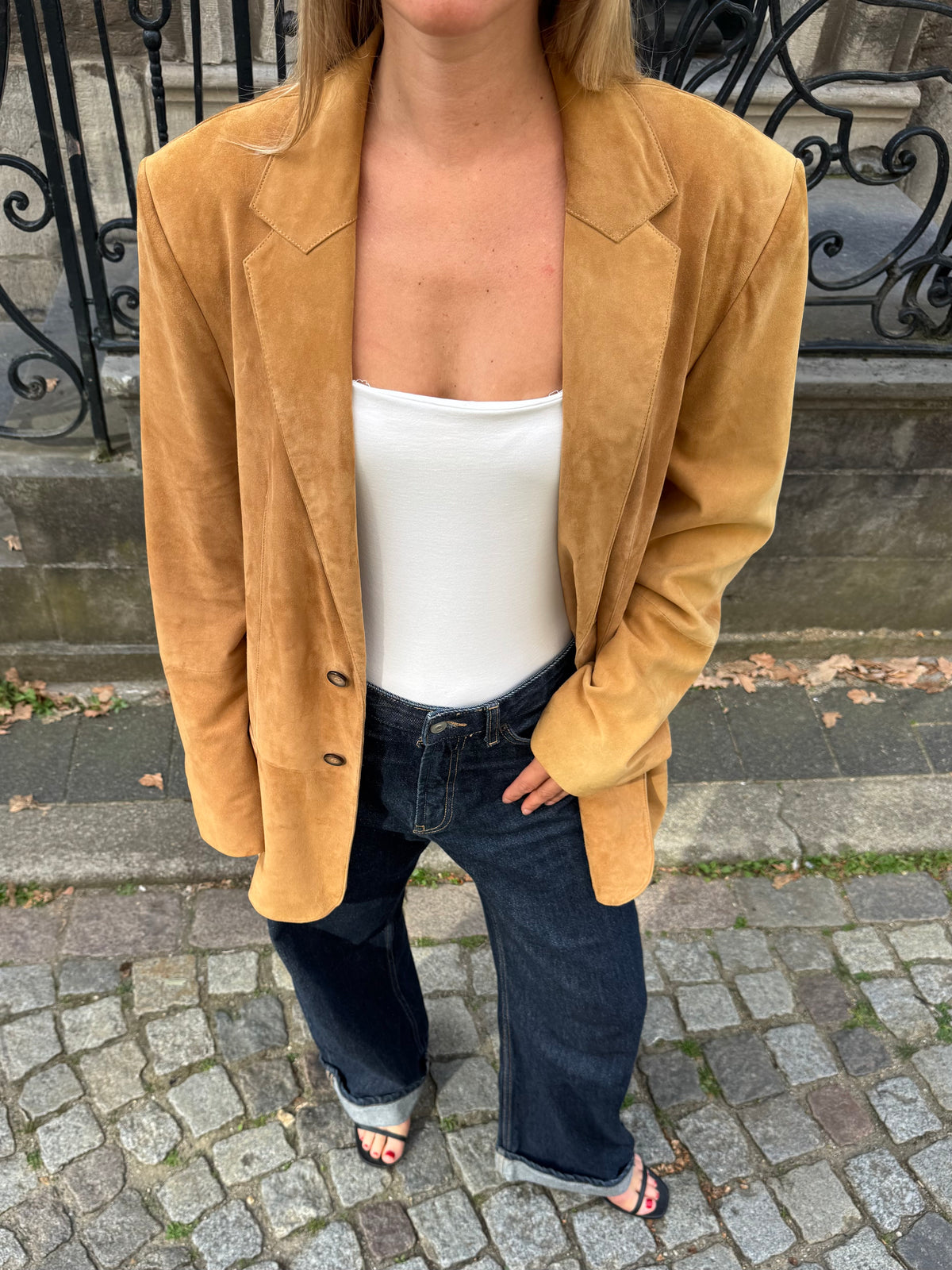 Camel Beige Oversized Suede Blazer
