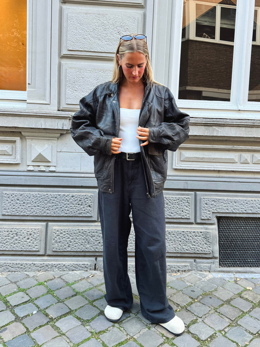 Dark Brown Leather Bomber Jacket