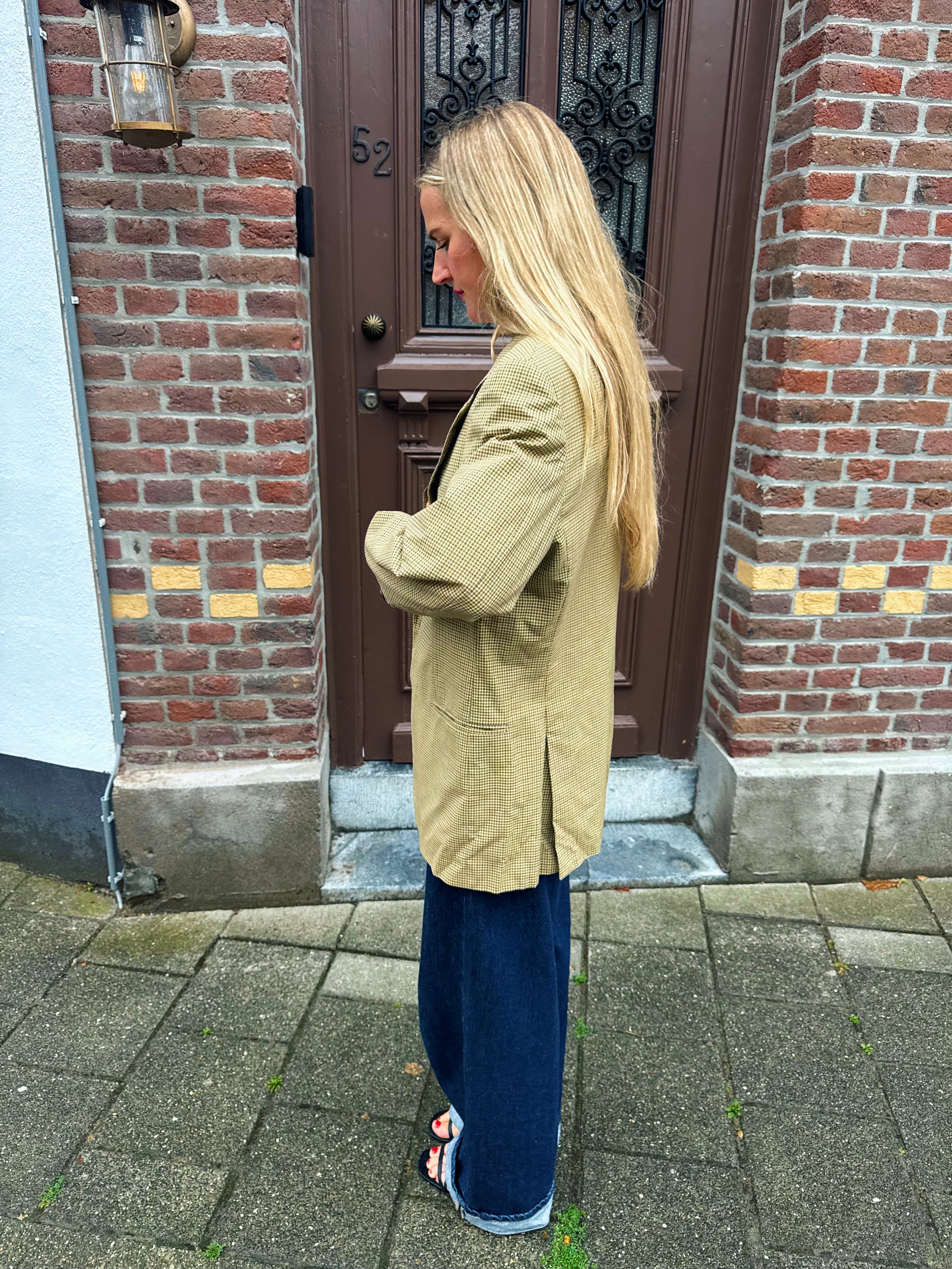 Yellow Beige Checked Oversized Blazer