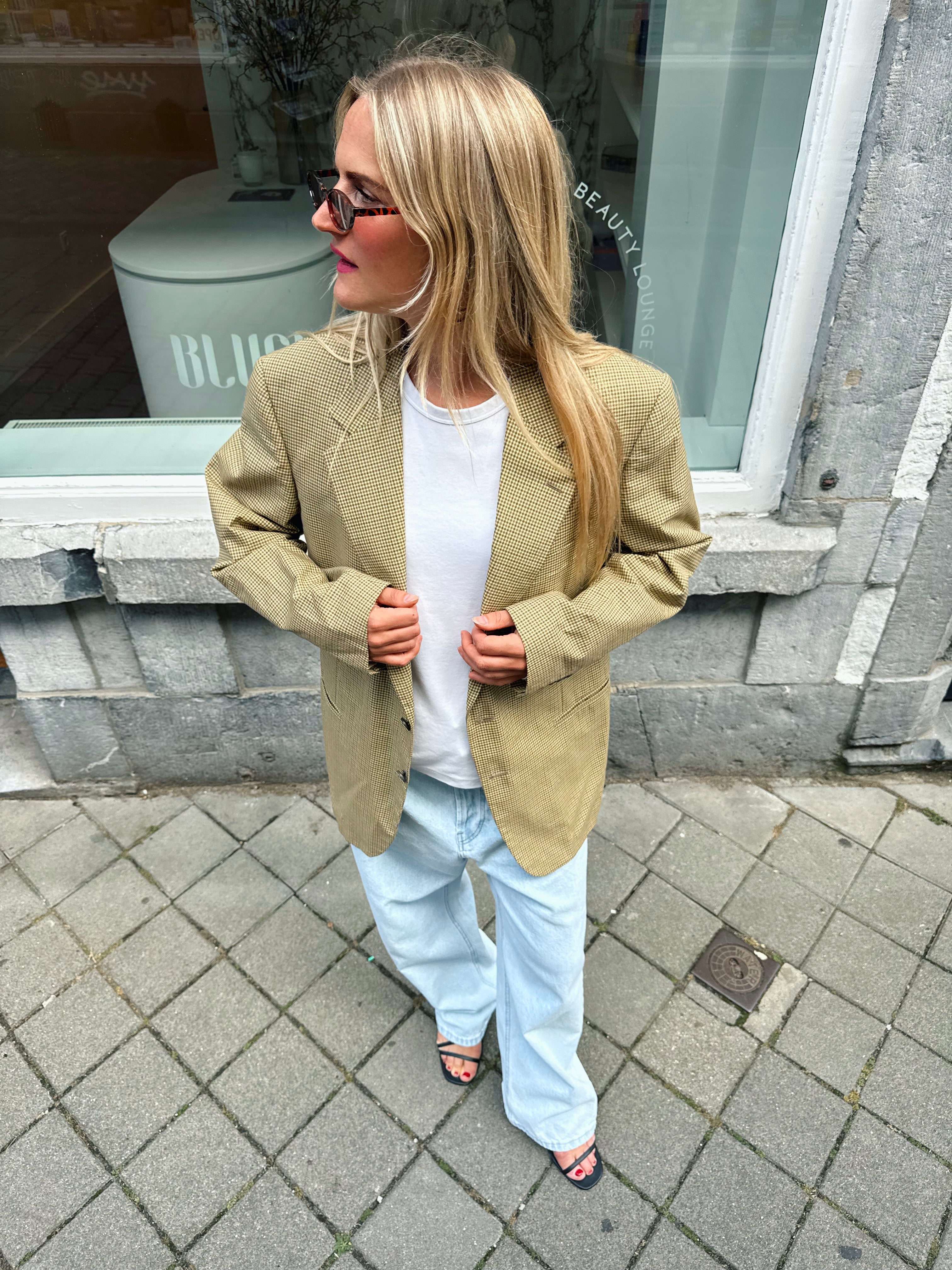 Yellow Beige Checked Oversized Blazer