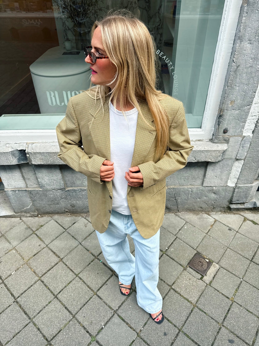 Yellow Beige Checked Oversized Blazer