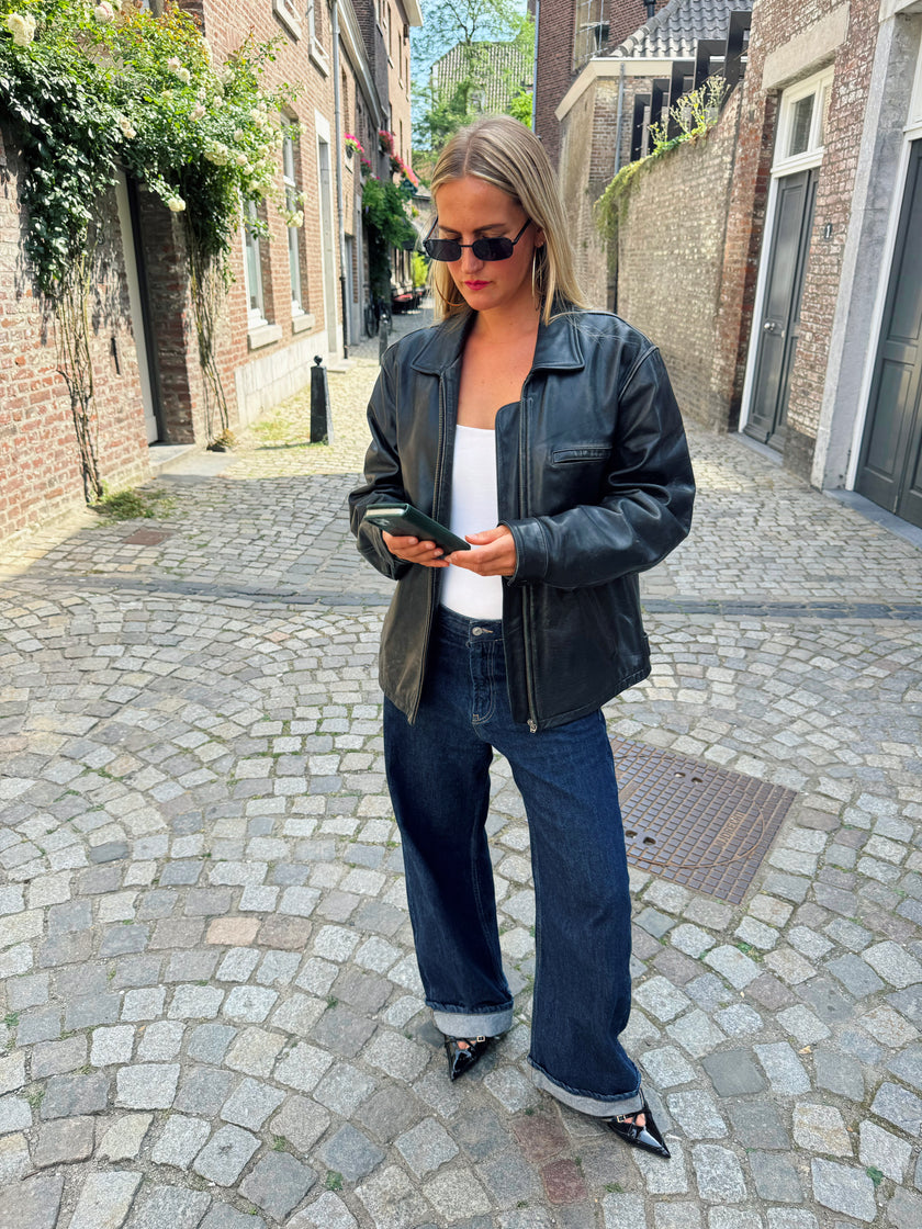 Black Leather Oversized Vintage Bomber