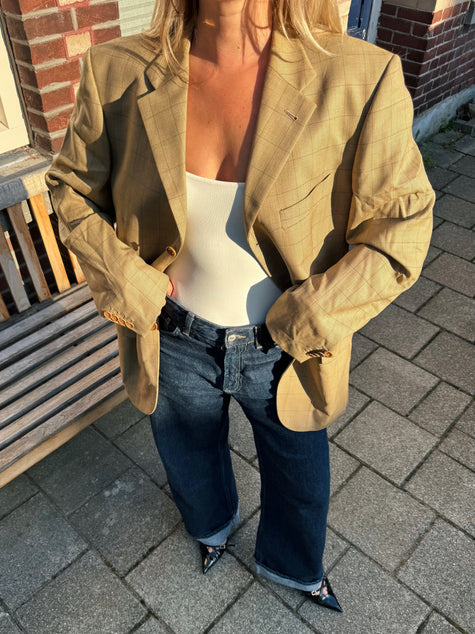 Oversized Light Beige Checked Vintage Blazer